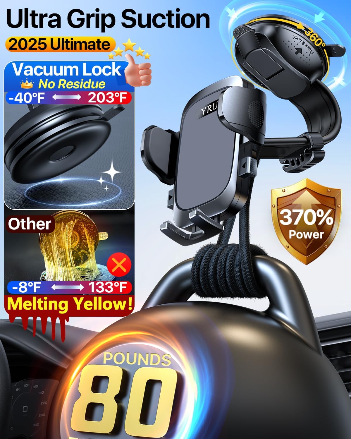 YRU [2025 Ultimate Car Phone Holder Mount [Bendable & Adjustable Aluminum Arm] Cell Phone Holder for Car Dashboard Windshield Phone Stand for iPhone16 15 14 13 Pro Max Samsung Pickup Truck,Dark Silver