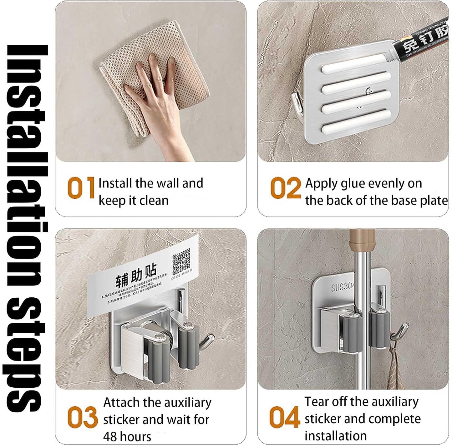 Stainless Steel Mop and Broom with Hook, Heavy Duty Rust Resistant Self Adhesive Mop and Broom Holder Wall Mount for Bathroom, Kitchen, Office, Garden, Garage, With 3M VHB Sticky Pads