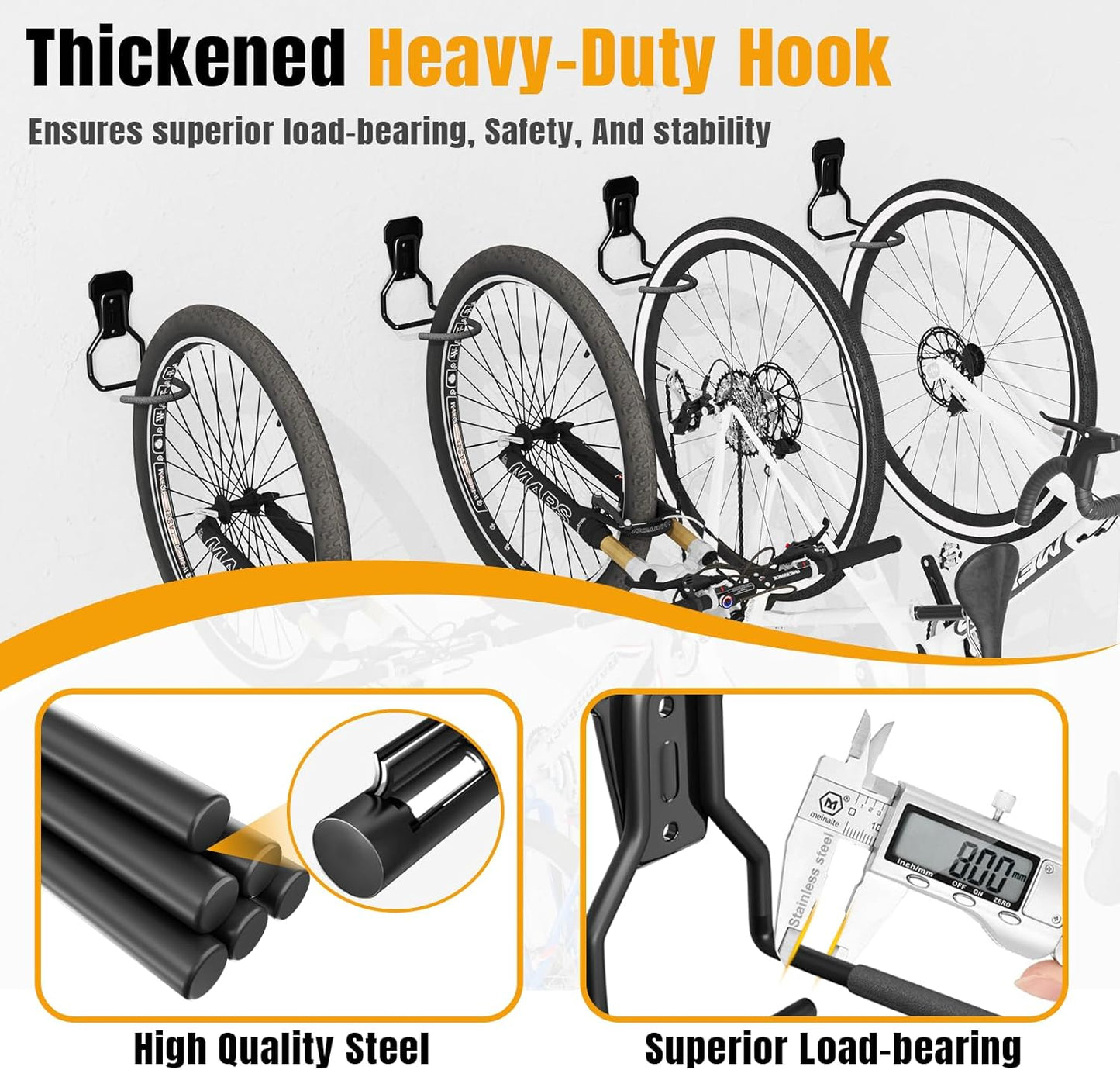 Wall Mount Bike Hooks Bike Hooks for Garage Vertical Bike Hanger for Indoor Use Heavy Duty with 8mm Thick Steel Frame 4PCS Storage System Black