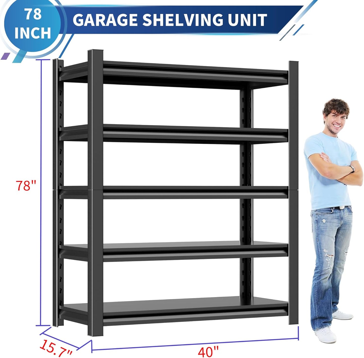 Garage Shelving Unit,78"*40"*16"Thickened Metal Shelving Units for Garage Storage Shelves Adjustable Shelves,5 Tier Industrial Shelving Shelf Metal Shelves for Storage for Warehouse Basement