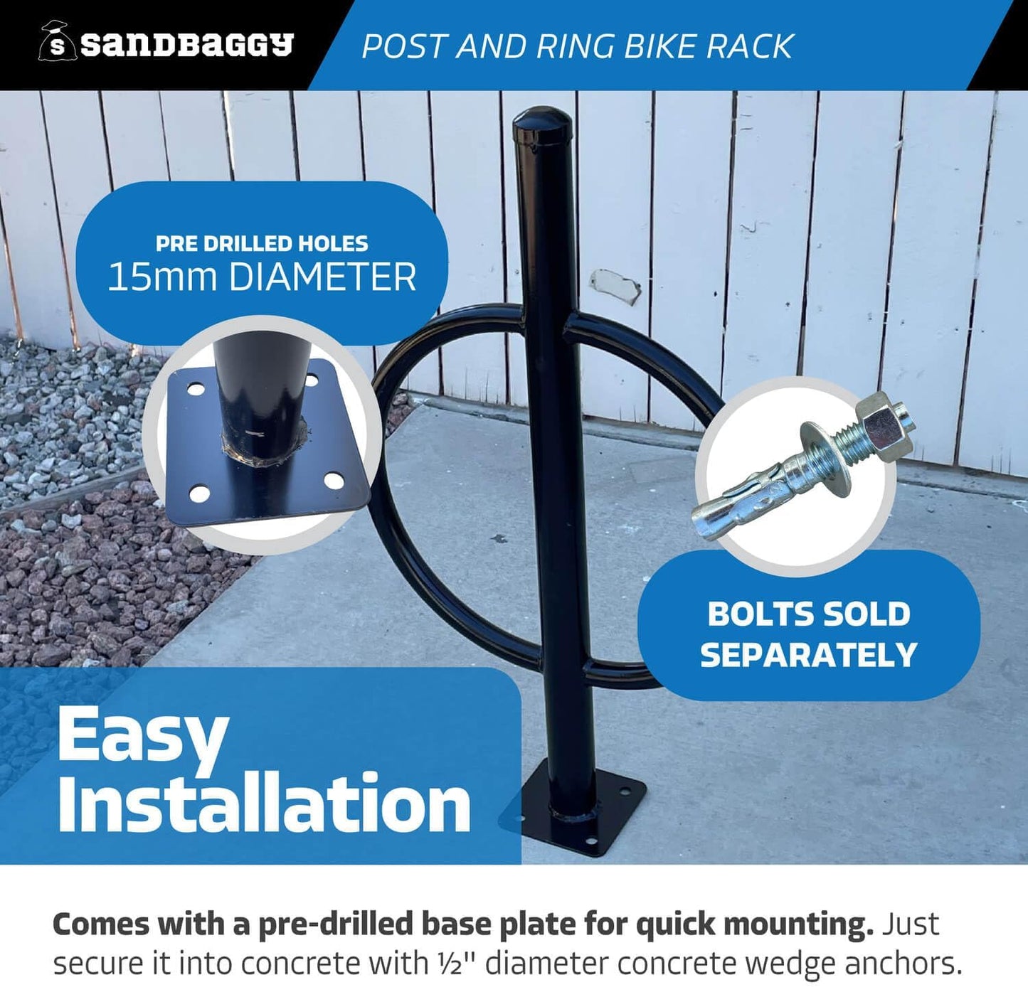 Sandbaggy Post and Ring Bike Rack - Commercial Bike Racks - Galvanized Steel - Anti-Theft Design - In Ground, Apartments, Sidewalks, Industrial (Blue, 2)