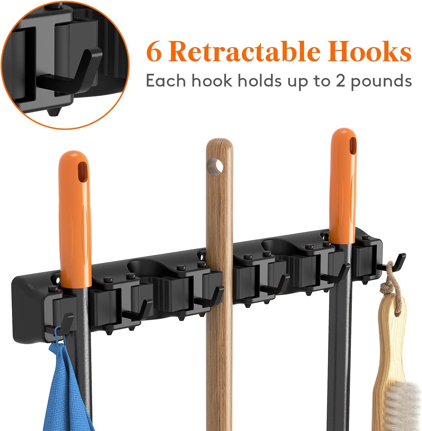 Lifewit Mop and Broom Holder Wall Mount, Anti-Slip Broom Hanger for Kitchen Organization, Heavy Duty Cleaning Supplies Organizer, Easy Install Tool Organizer for Closet, Garage, 5 Slot 6 Hooks, Black