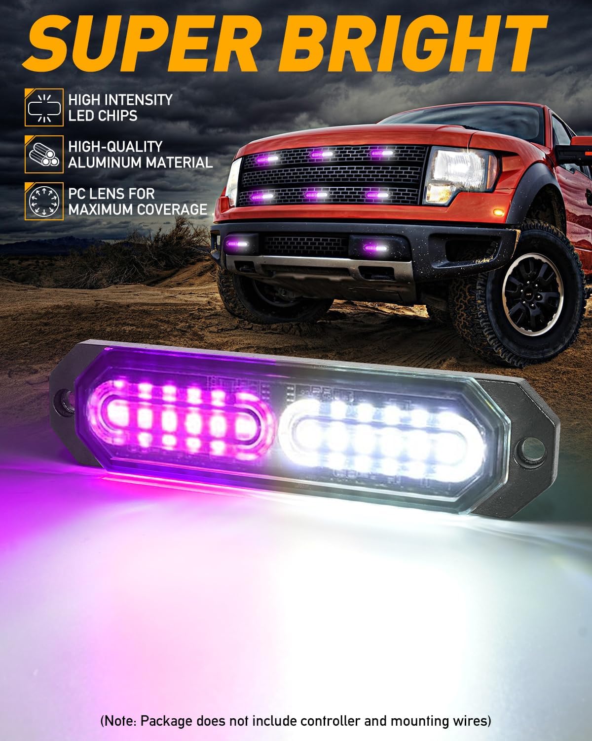 HLauto 1200T Emergency Strobe Grille Lights: 8pcs 12 LED Sync Feature Safety Warning Flashing Light, Ultra Slim Surface Mount Hazard Caution Light for Trucks, Vehicles, Car, ATV, UTV (Purple White)