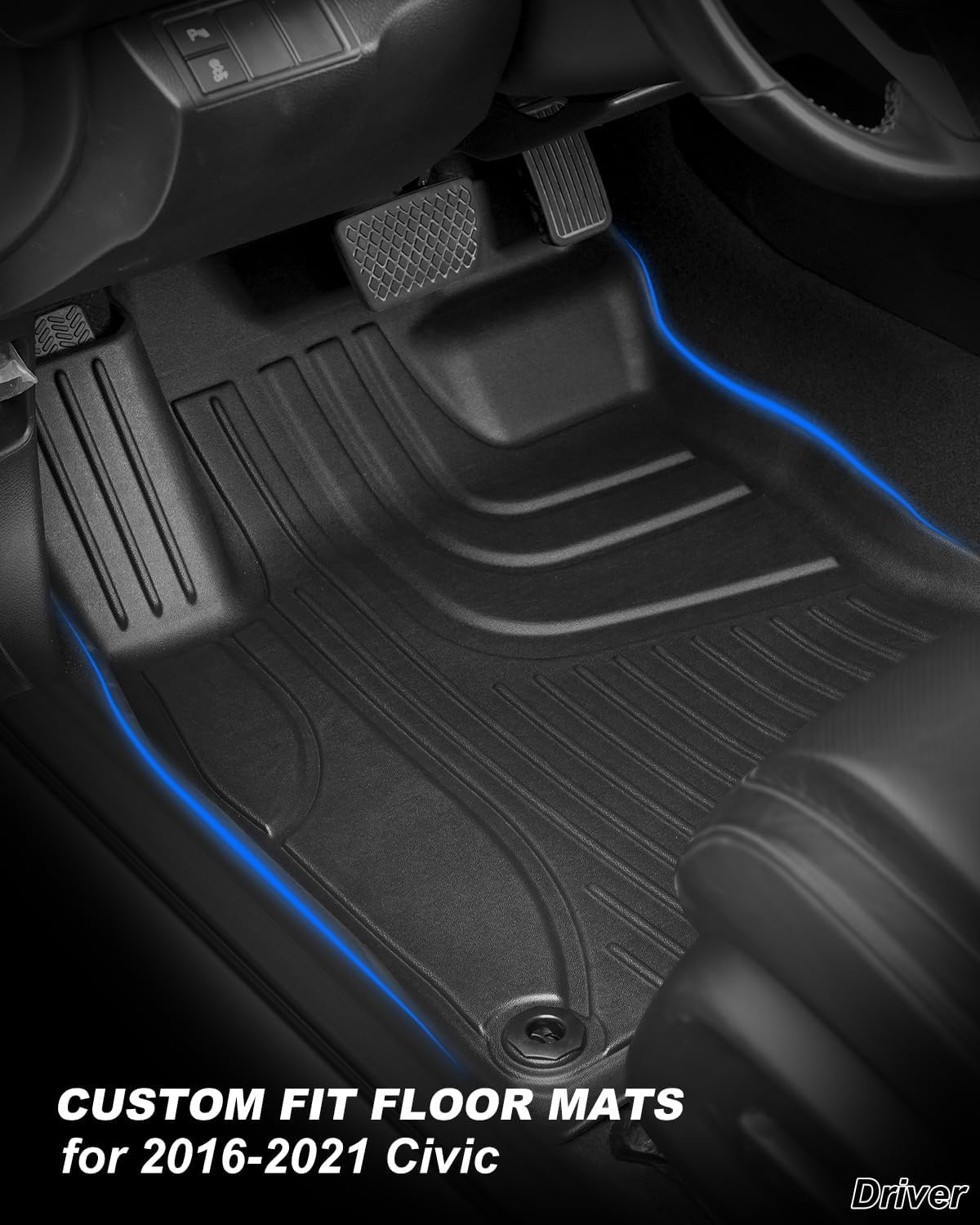 Floor Mats Fit for 2016-2021 Honda Civic Coupe/Sedan/Type R/Hatchback, TTX LIGHTING TPE All Weather Protection Front & Rear Row Floor Liners, Black