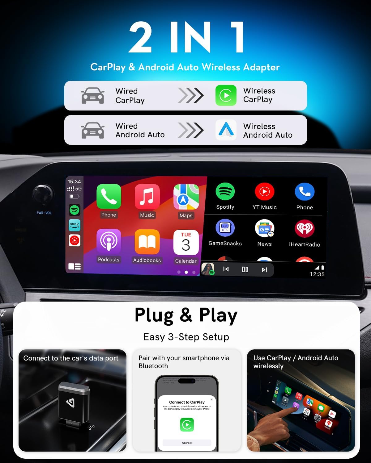 Wireless CarPlay Adapter for Apple iPhone & Android 2025 Upgrade Mini 2-in-1 Wired Android Auto to Wireless, Compact Design Plug & Play Auto Connect Car Play Dongle Fits for OEM Wired CarPlay Cars