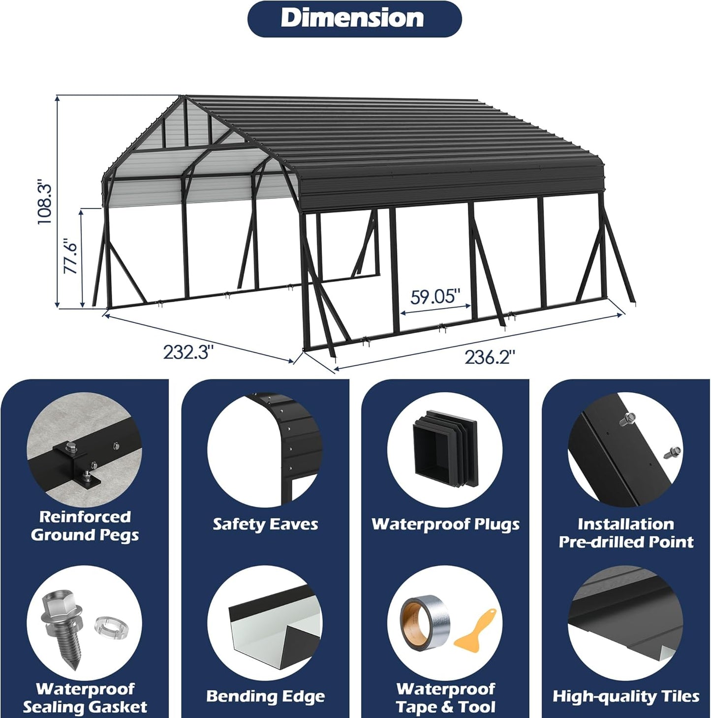 Xilingol Metal Carport, Heavy Duty Carport Canopy with Galvanized Steel Frame and Roof, Outdoor Storage Shed, Car Tent Garage Shelter for Pickup, Truck, Boat and Tractor, Grey (20x20 FT Black)