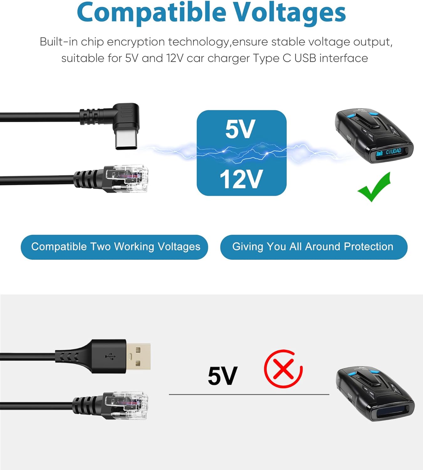 Radar Detector Cord, Type C to RJ11 Plug Cable,for Escort Radenso XP Uniden Beltronics Cobr Whistler Radar Detector,Replacement Power Cable for Radar Detectors