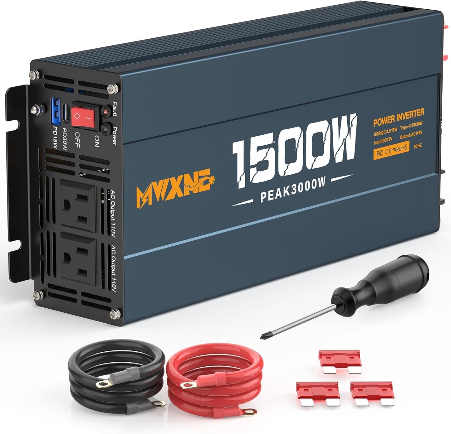 1500W Pure Sine Wave Power Inverter DC 12V to AC 110V 120V Converter with 2 AC Outlets, QC3.0 18W USB-A, PD30W USB-C Port Car Inverter with LCD Display and Remote Control for Truck RV Home