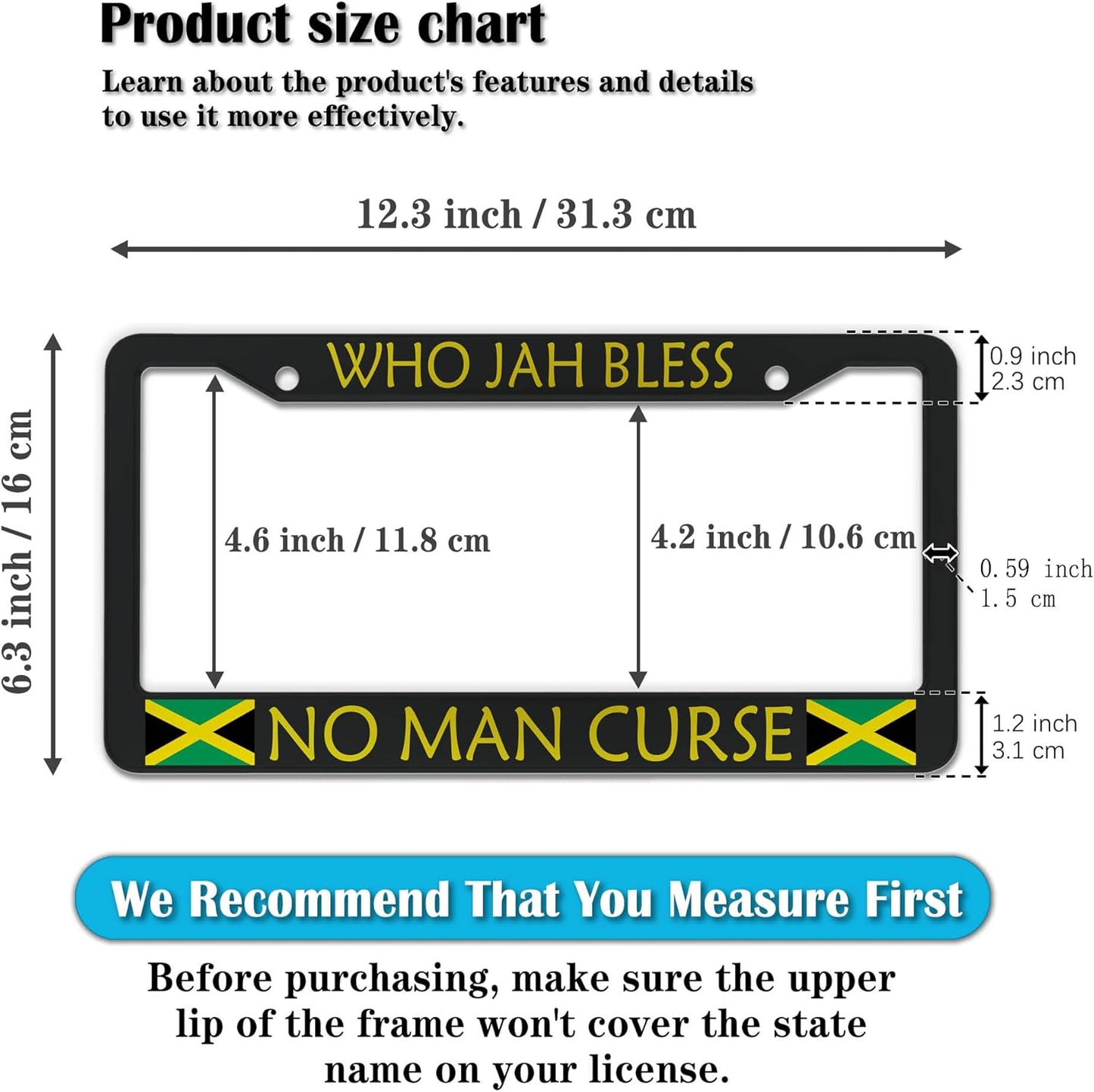 License Plate Holder Black, Yellow, Green License Plate Frames Who Jah Bless No Man Curse Aluminum Metal Car Accessory 2 Pack with Screw Covers Set