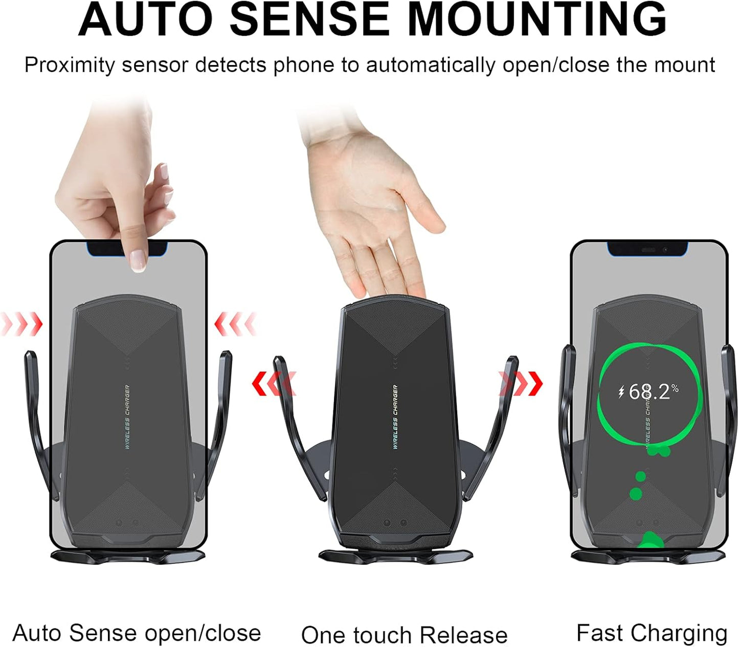 Wireless Car Charger Mount, 15W Qi Fast Charging Auto-Clamping Cell Phone Car Holder Air Vent Windshield Dashboard Long Arm Suction Cup Car Phone Mount for iPhone13 /12/11 Samsung S20/S10/S9/S8 LG