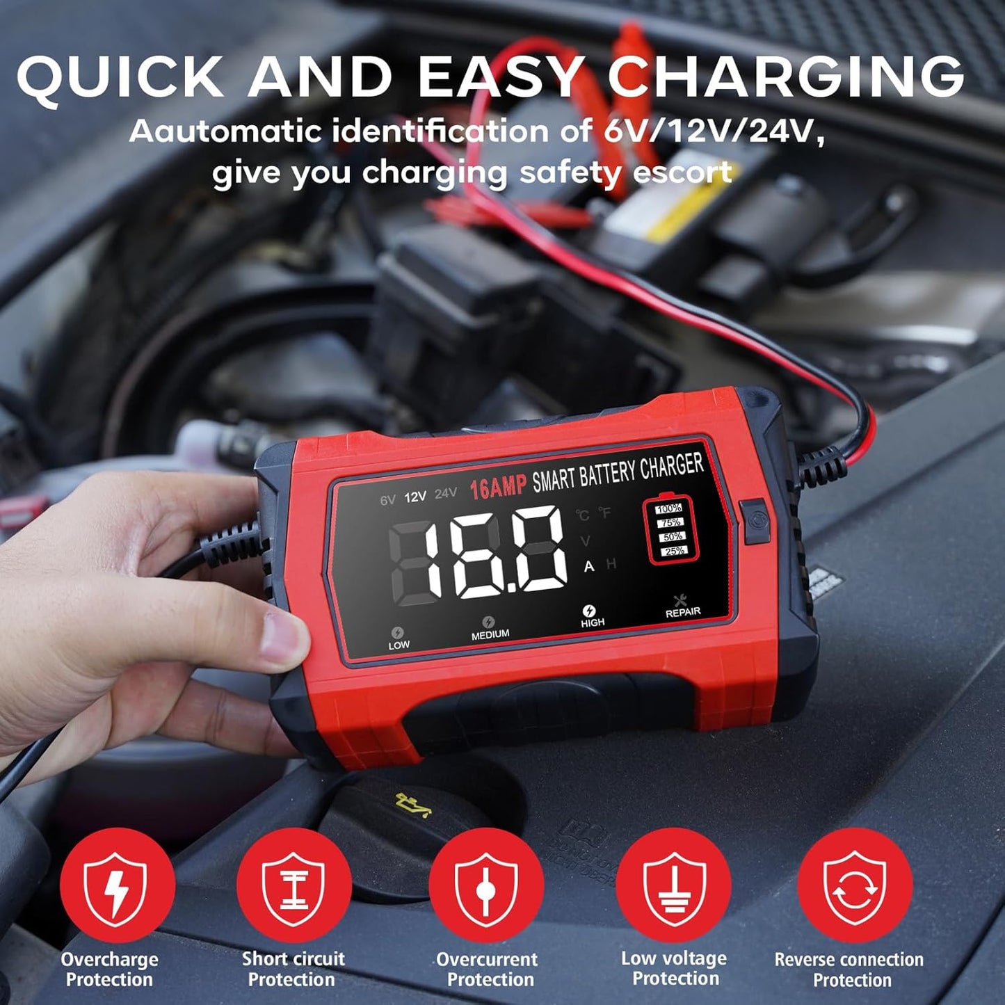 16-Amp Battery Charger, 6V/12V/24V Smart Car Battery Charger, Automotive Battery Maintainer, Trickle Charger for Car, SUV, Motorcycle, Boat, Lead-Acid, Lithium, LiFePo4 Battery