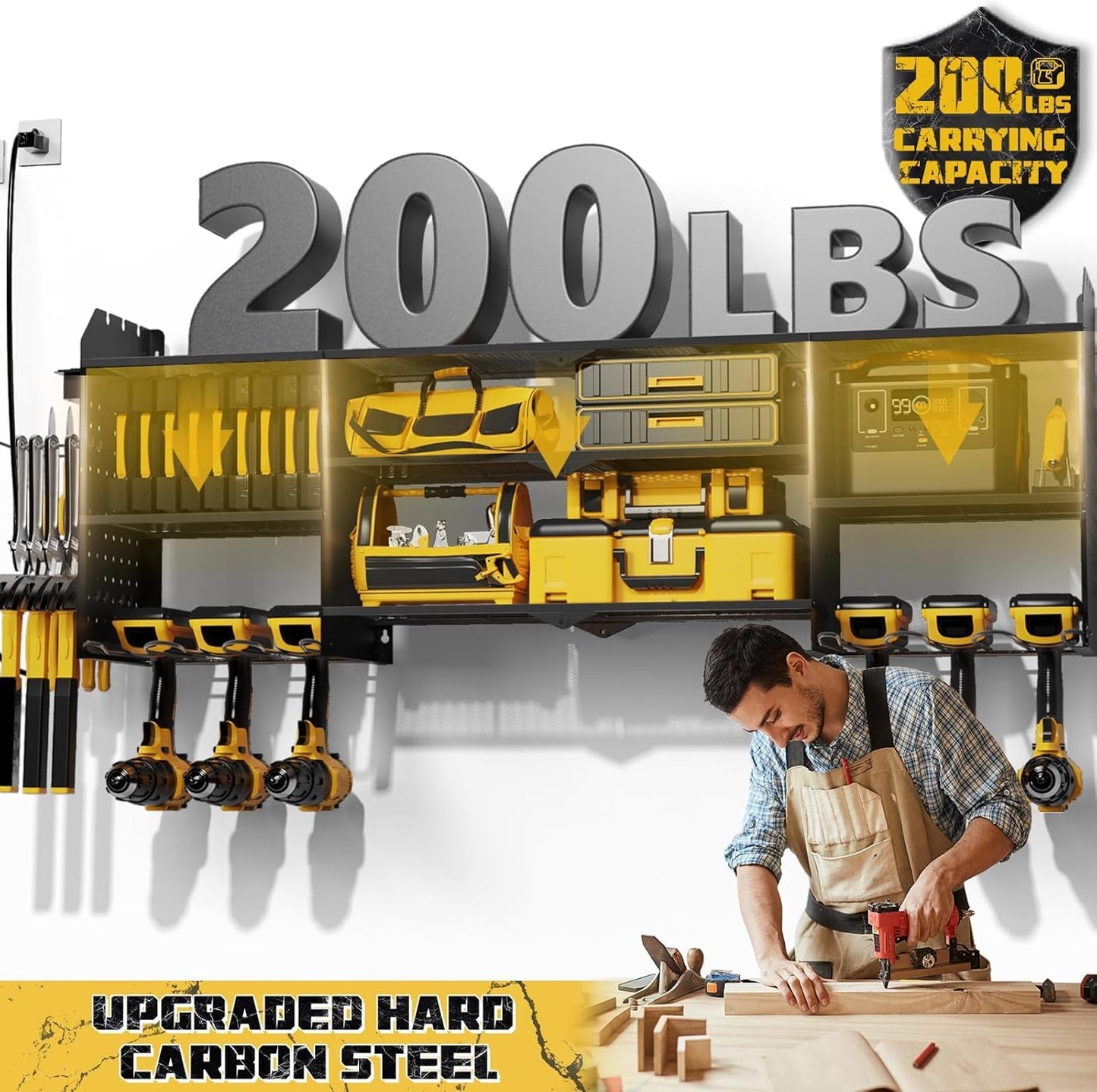 45" Large Power Tool Organizer Wall Mount with Charging Station - 3 Layer Storage Racks with 8 Cordless Drill Holder, 4 Hooks, Heavy Duty Garage Tool Organizer Storage for Workshop Pegboard Basement