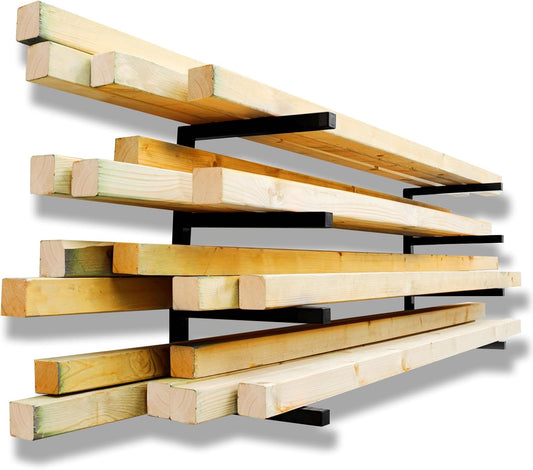 YYR Wood Organizer and Lumber Storage Rack Wall Mount, Heavy Duty Metal Shelf with 4-Level Holds Up 800 LBS, Indoor & Outdoor Use - Black