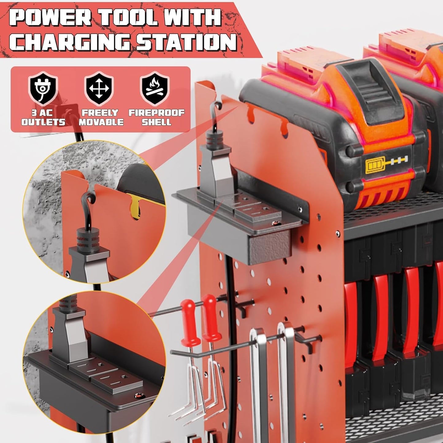 45" Large Power Tool Organizer Wall Mount with Charging Station - 3 Layer Storage Racks with 8 Cordless Drill Holder, 4 Hooks, Heavy Duty Garage Tool Organizer Storage for Workshop Pegboard Basement