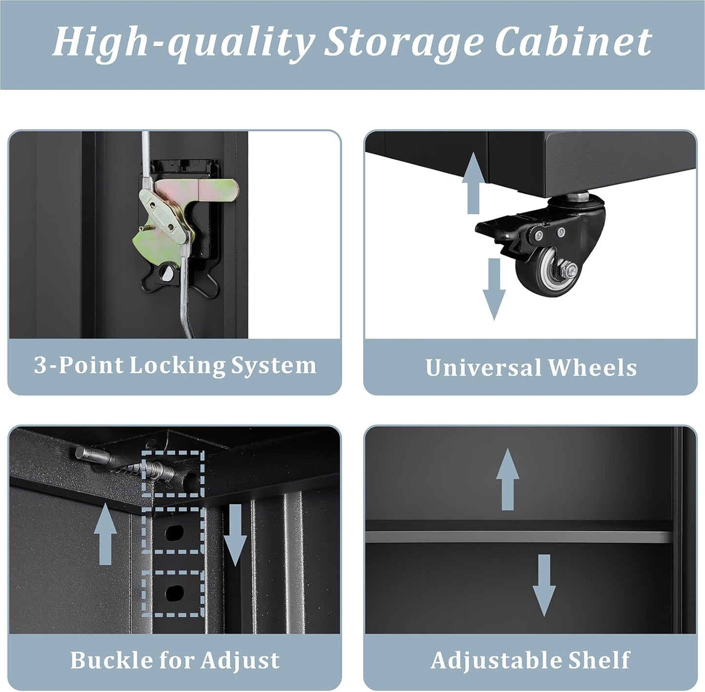 LUCYPAL Metal Storage Cabinet with Locking Doors and Wheels,Garage Storage Cabinets with 1 Adjustable Shelf for Home Office,Steel Counter Cabinet for Office,Garage,Kitchen,Black