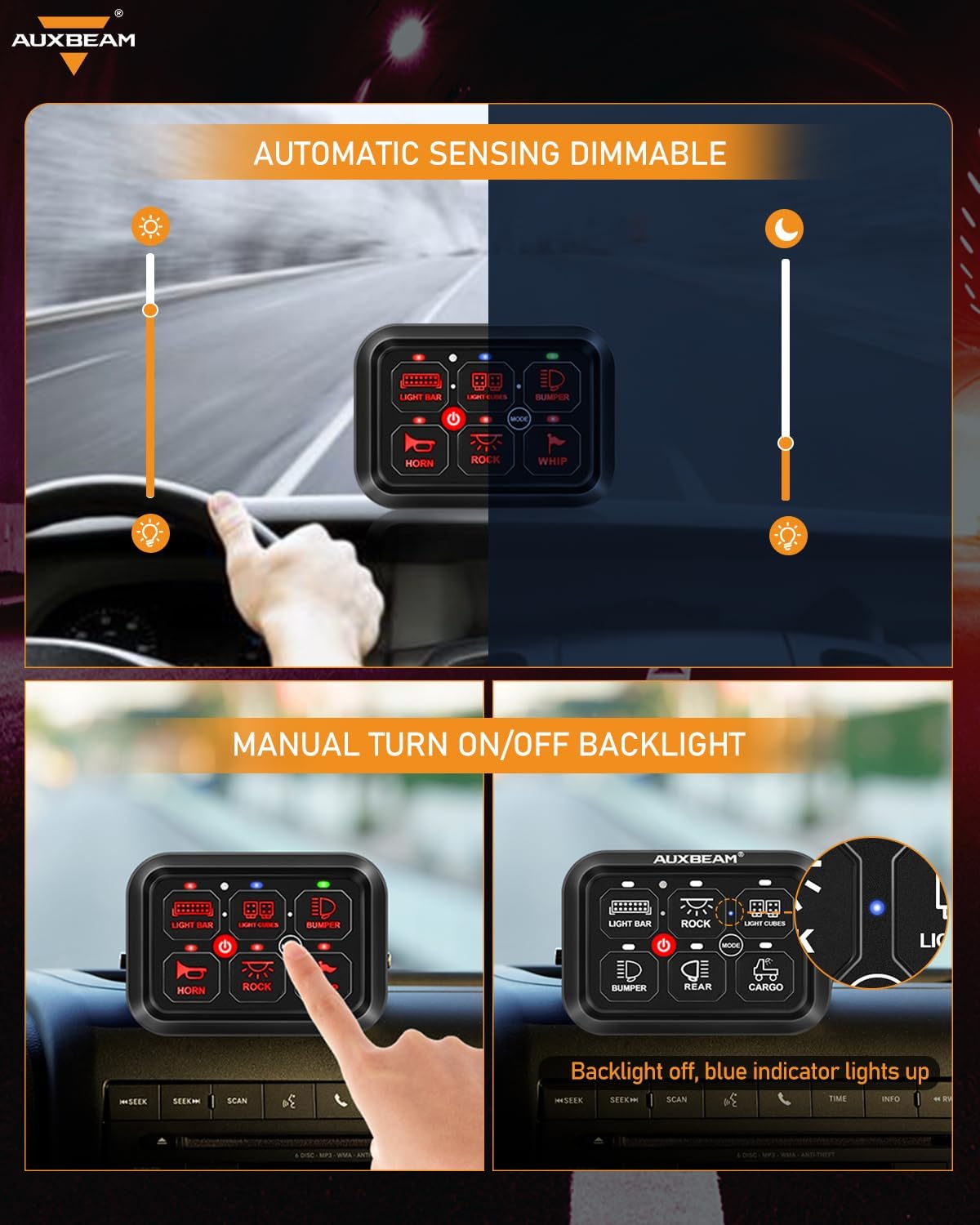 Auxbeam 6 Gang Switch Panel RA60 Toggle Momentary Pulsed RGB Dimmable Switch Panel Multifunction Switch Panel Built in Solid State Relay Marine Control Panel Waterproof for Car Boat, 2 Years Warranty