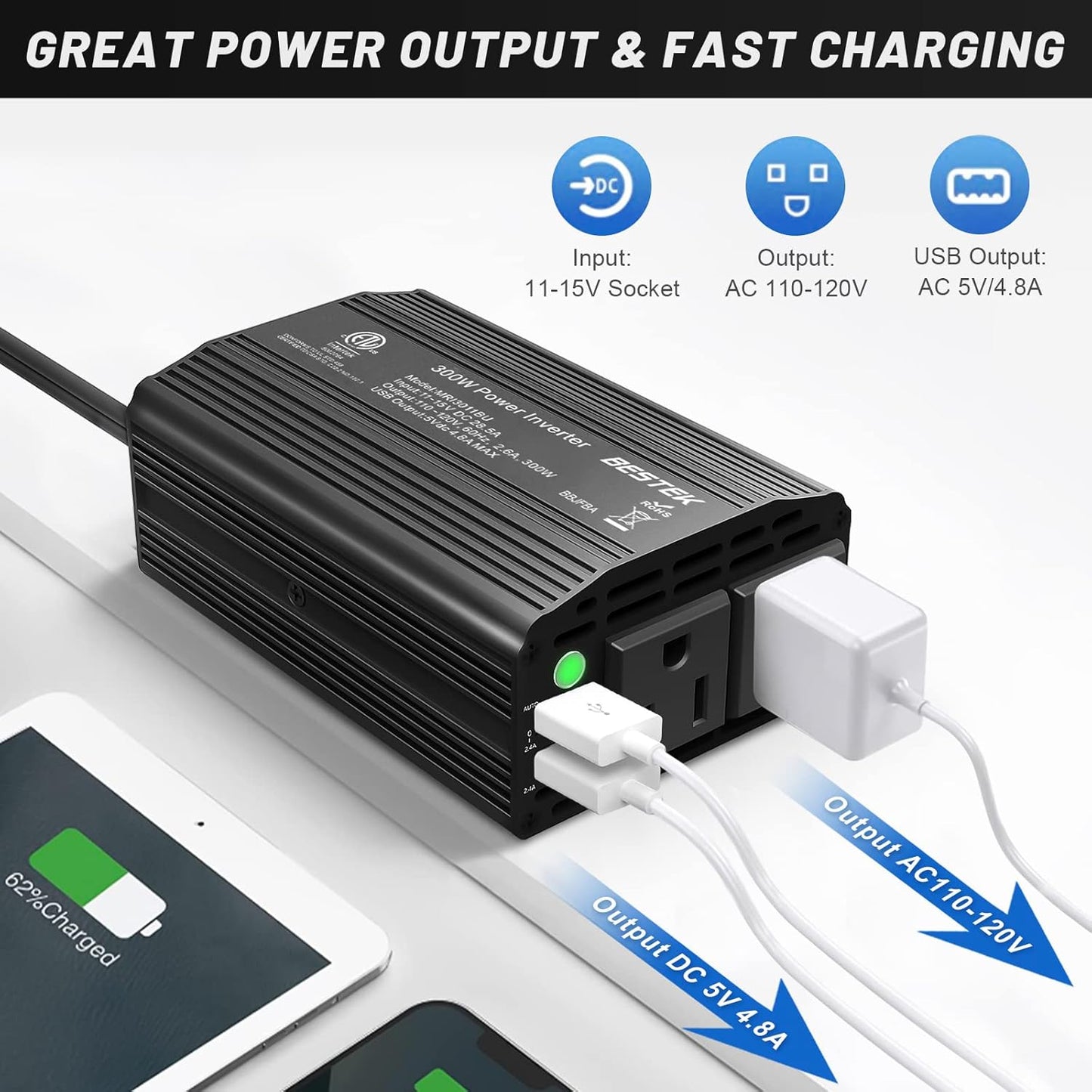 BESTEK 300W Power Inverter DC 12V to 110V AC, Durable Aluminum Housing Car Charger Adapter with 4.8A Dual USB Fast Charging Port, Car Plug in Cigarette Lighter Outlet for Phone, Laptop