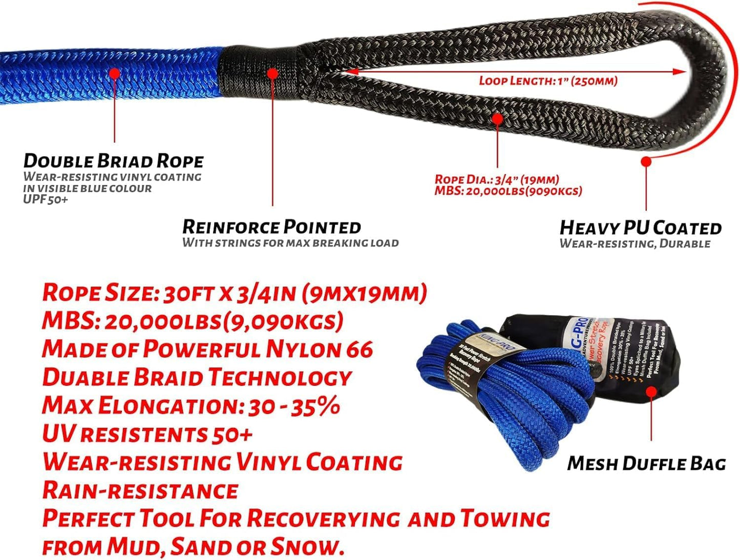 KING-PRO Kinetic Recovery Rope 3/4“x30' Towing Rope 20,000lbs Breaking Strength 100% Nylon Made Heavy Duty Offroad Snatch Strap 30% Elasticity for Full-Size Truck Large SUVs Offroad Vehicels (Blue)