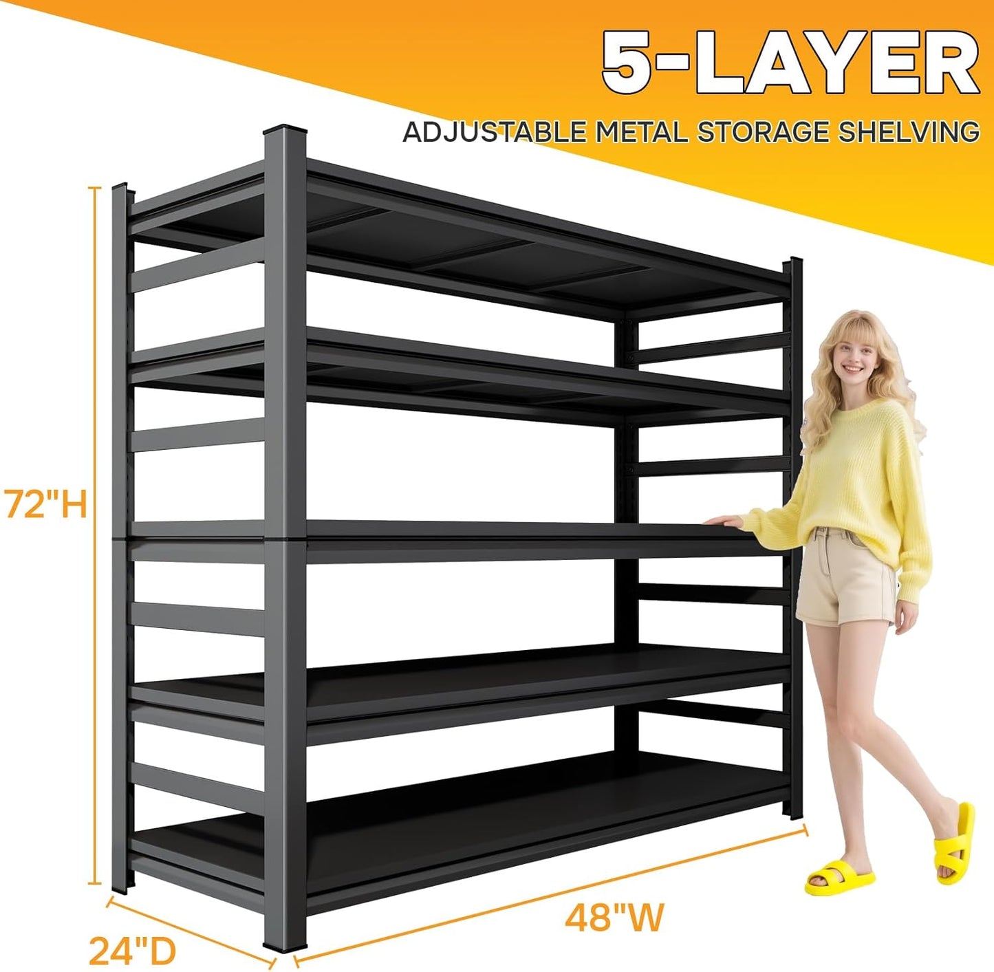 Metal Garage Shelving,48" Wx72 H Heavy Duty Storage Shelves-Easy to Assemble,5 Tier Adjustable 3600 lbs Capacity Metal Storage Utility Rack Shelf Unit for Warehouse Pantry Office Kitchen, Black