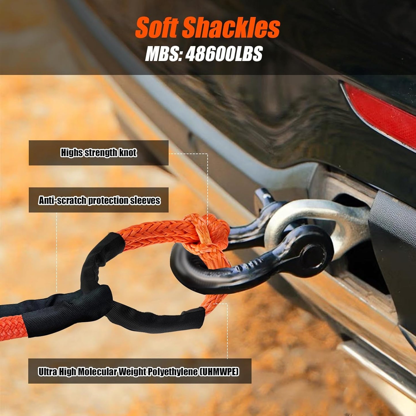 1" × 30ft Kinetic Recovery Tow Rope (48,000lbs), Heavy Duty Offroad Towing Straps Kit, Includes 2 Soft Shackles, Offroad Recovery Kit for UTV, ATV, Truck, Car, Jeep, Tractor (Orange)