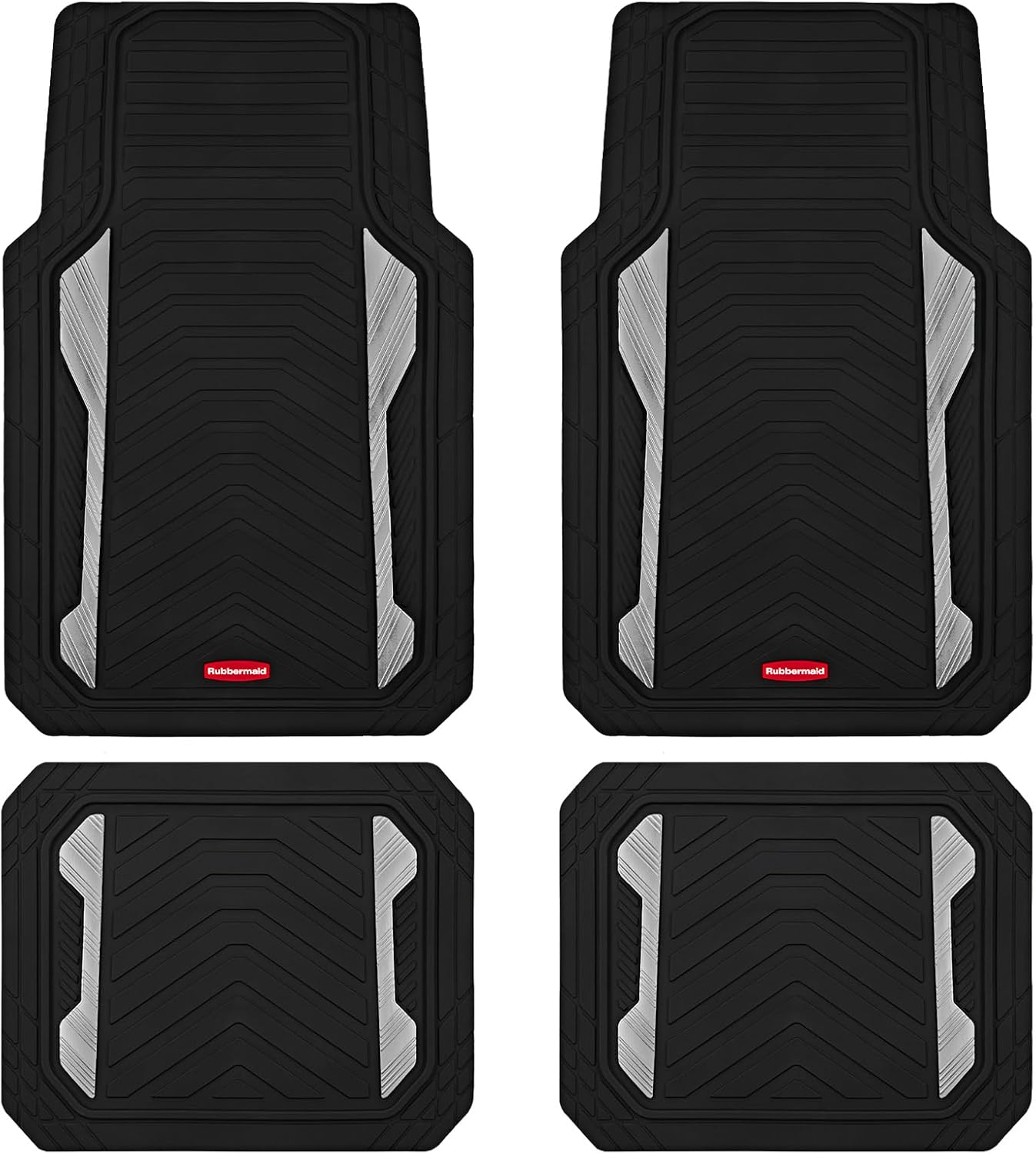 Rubbermaid Car Floor Mat, Heavy Duty All-Weather Car Mats Full Set with Dual-Tone Sliver Aluminum Inserts – Universal Fit, Anti-Slip Backing, Trim-to-Fit for Most SUV, Sedan, Van