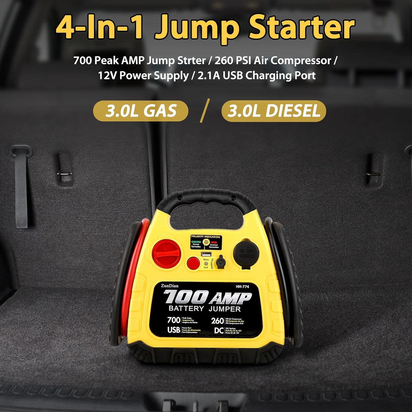 Jump Starter with Air Compressor 260PSI, 1000A Portable Car Jump Starter, 4-in-1 Battery Booster Pack for Vehicles(3L Gas/Diesel), Safety Jumper Cable with USB/DC Port