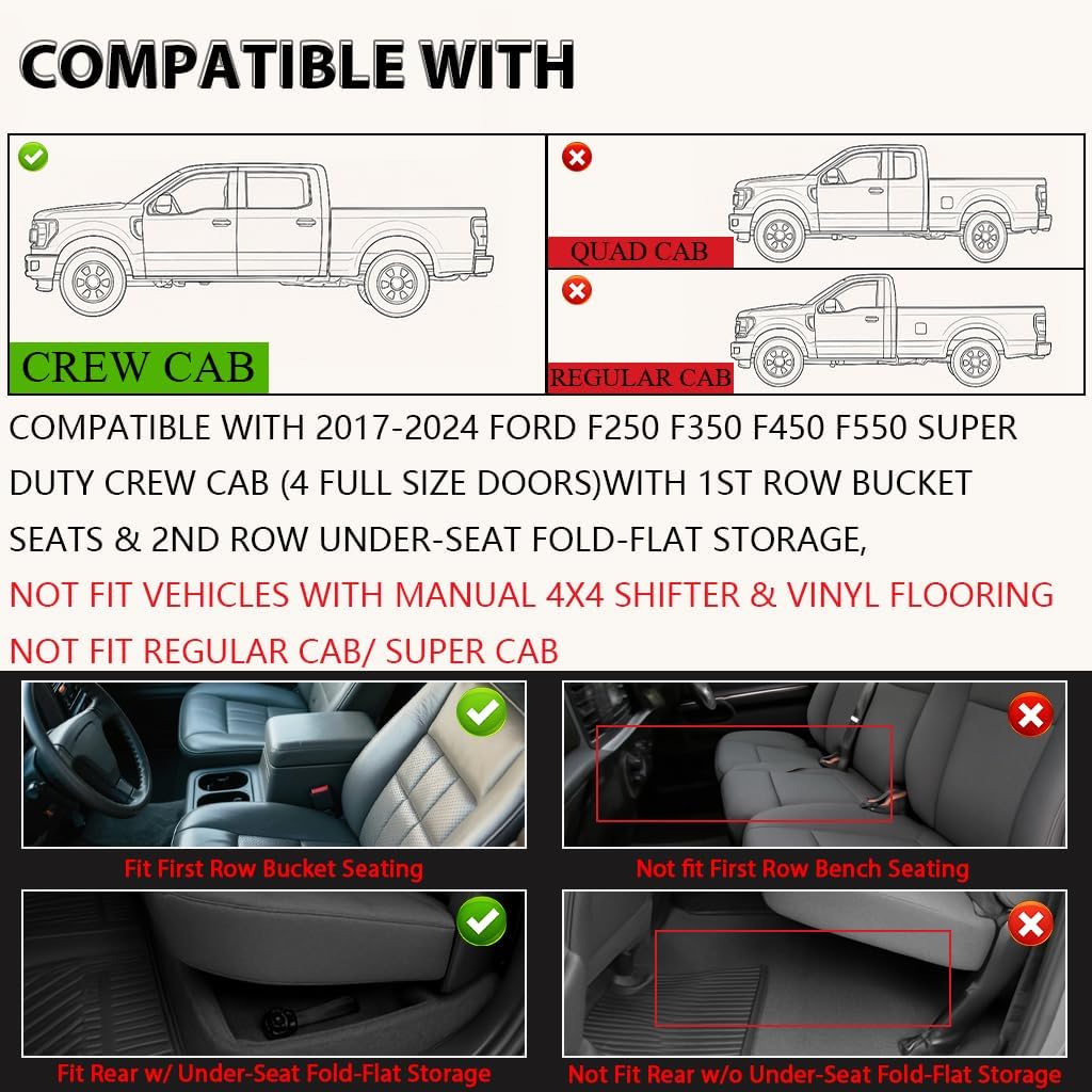 G-PLUS Floor Mats Fit for Ford F250 F350 F450 F550 Super Duty Crew Cab 2017-2024 with Under Seat Storage, All Weather TPE Custom Fit Heavy Duty Floor Liners 1st & 2nd Row Car Mats, Black