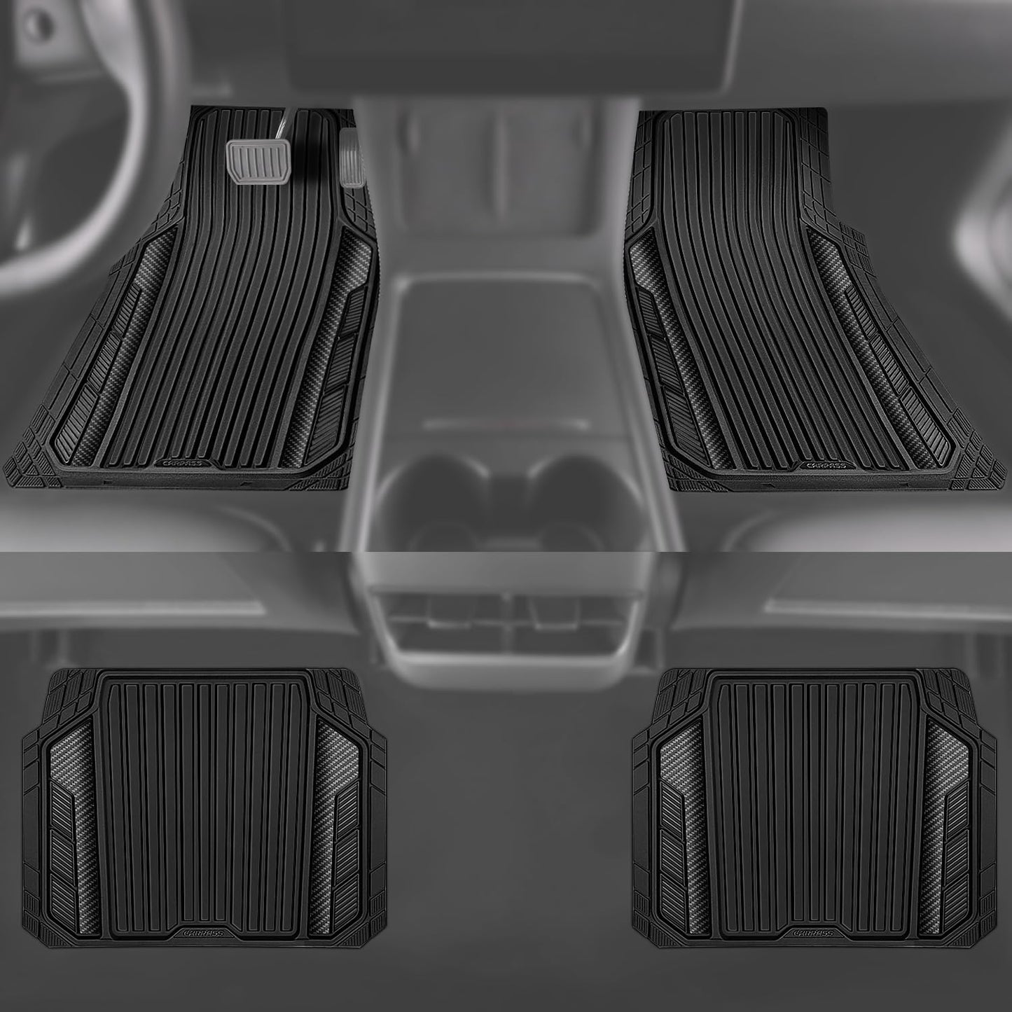CAR PASS Heavy Duty Rubber Car Mats Metallic,Aluminum Film All Weather Floor Mats Waterproof Universal Trim to Fit SUVs Sedans Vans 4 Piece Anodized Deep Dish Two-Tone Sporty Carbon Fiber Black Chrome