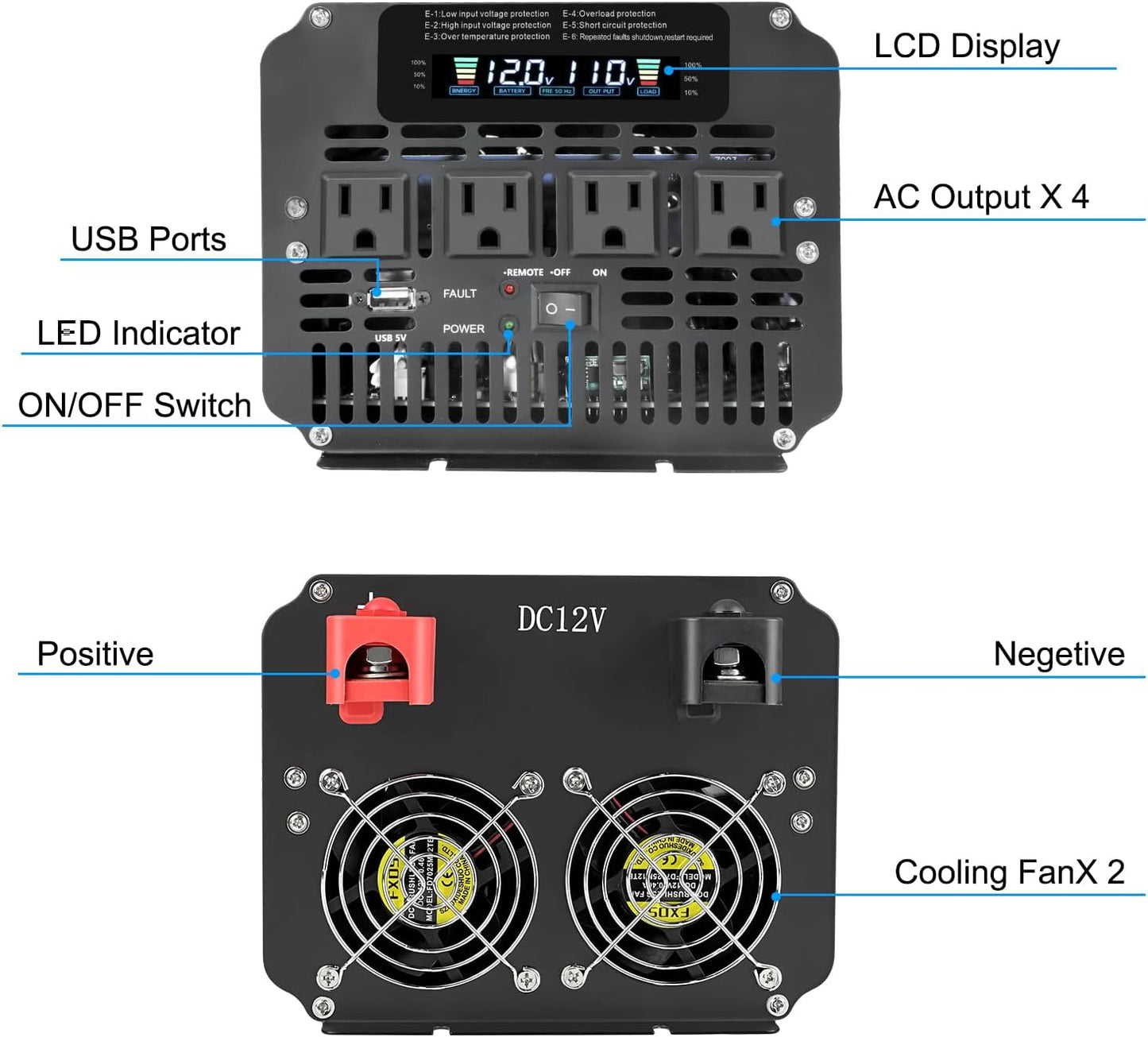 LVYUAN 4000 Watt Power Inverter 12V to 110V 120V for Vehicle, Solar Inverter System, Heavy Duty, RV, Truck, Off Grid,Camping with 4 AC Outlets, LCD Display, Wireless Remote Control, Car Power Inverter