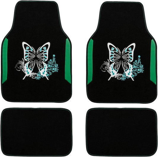 CAR PASS Embroidery Butterfly Car Floor Mats, Green Carpet Floor mats with Heel Pad, Universal Fit for Suvs,Sedans,Trucks,Cars, Set of 4 (Black and Green)
