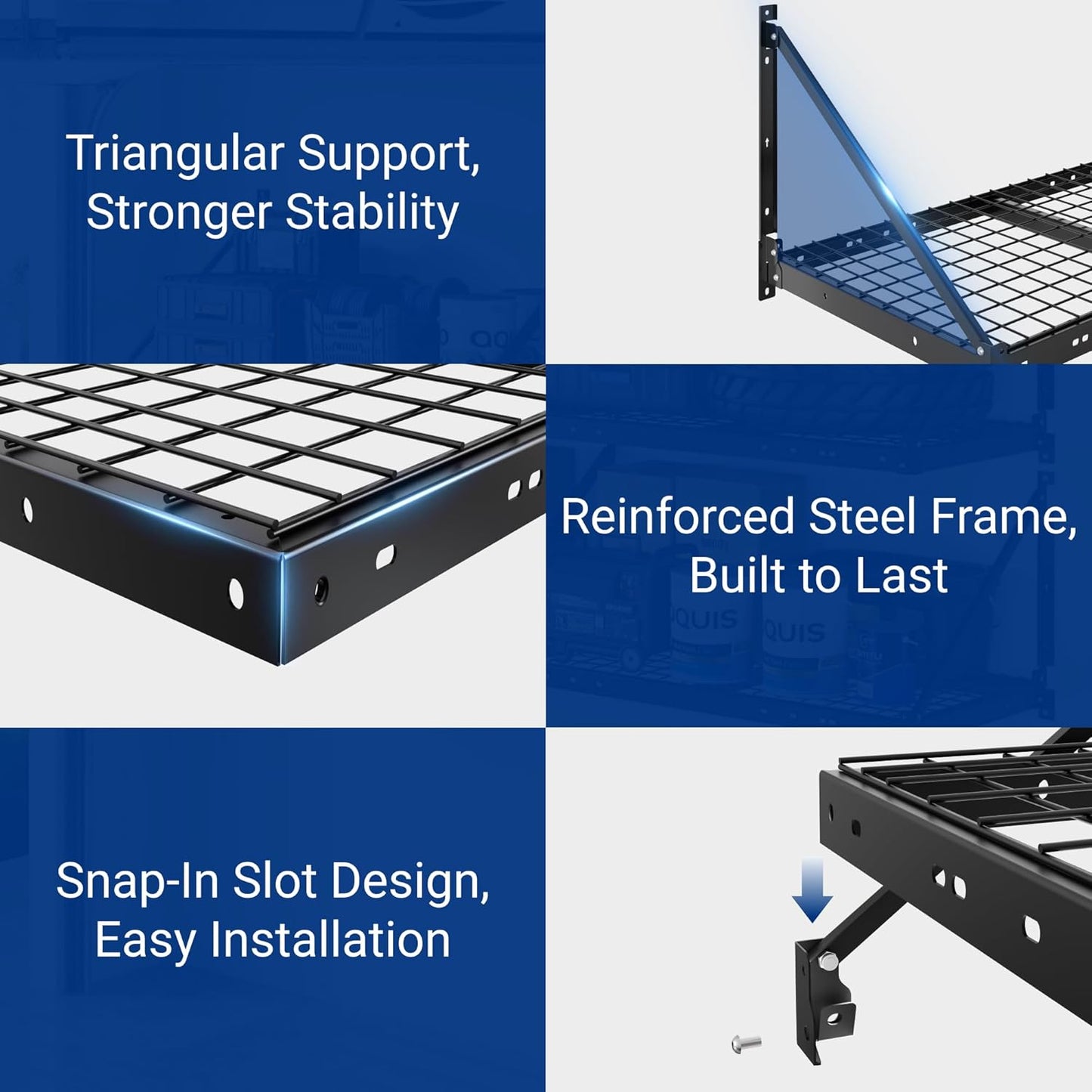 FLEXIMOUNTS 2-Pack 2x4ft Garage Wall Shelving with 4 Hooks - Heavy Duty Garage Storage System, 440 lbs Load Capacity with Brace Guardrail, Wall Mounted Organization for Bikes, Tools, Bins