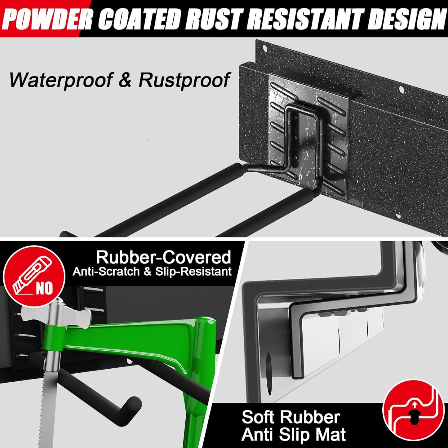 64 Inches Garage Organization, Wall Mount Garden Tool Organizer, 880lbs Adjustable Heavy Duty Metal Hanging Hooks, Garden Tool Storage Rack for Garage, Yard, and Shed (4 Racks, 12 Hooks)