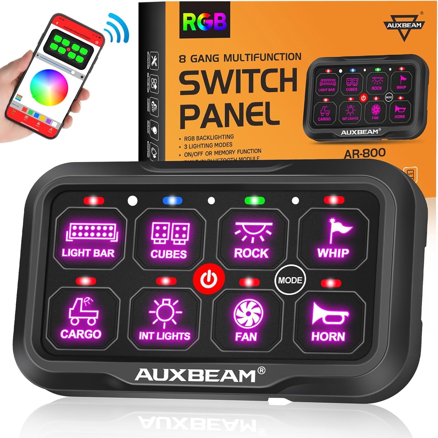 Auxbeam 8 Gang Switch Panel Bluetooth AR-800 RGB Switch Pod with Backlit Off Toggle Momentary Pulsed Auxiliary Switch Panel for Truck SUV ATV Marine RV Multifunction 12-24V Waterproof 2 Years Warranty