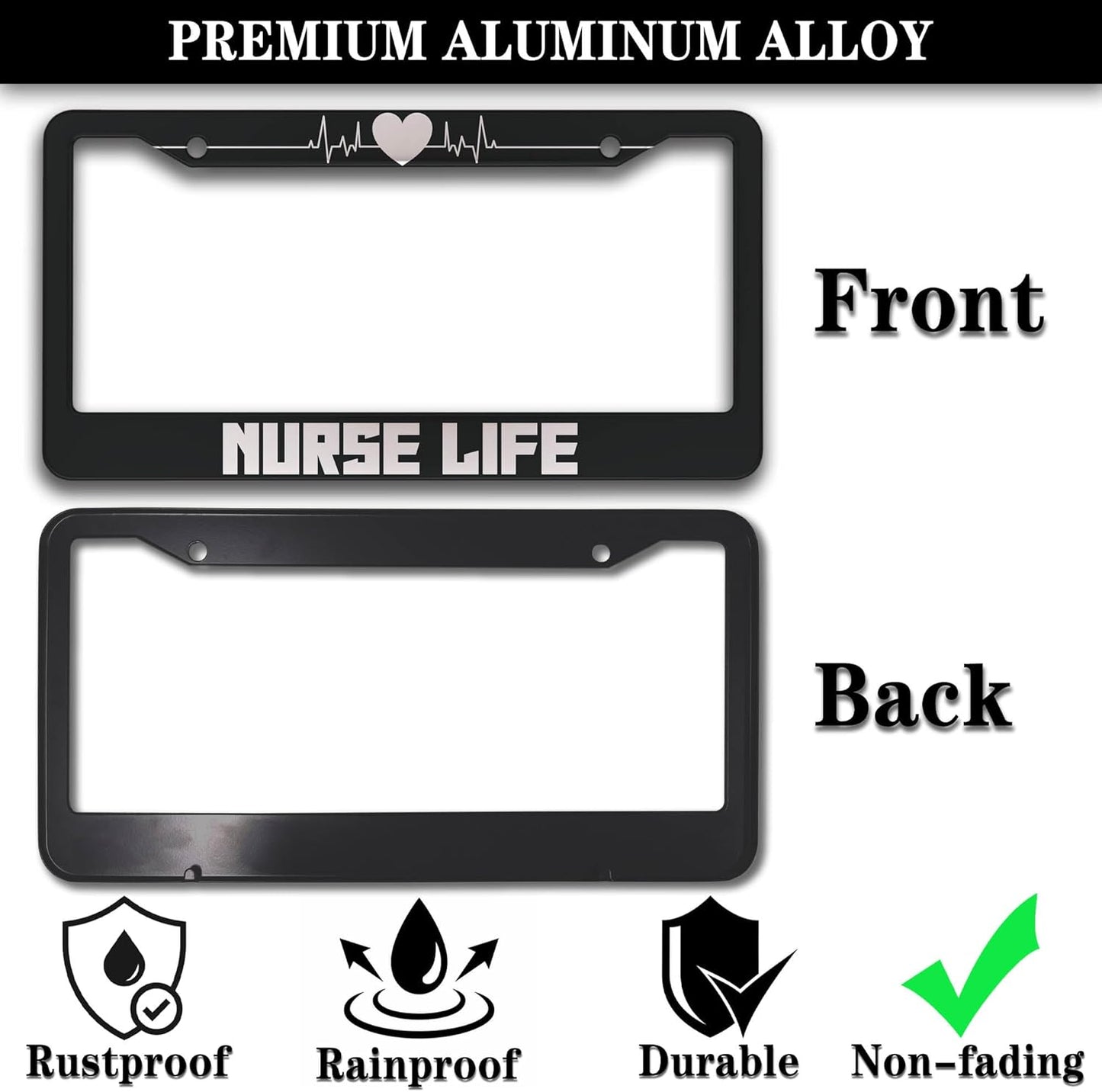 License Plate Protector Black and White License Plate Frames Nurse Life Universal Aluminum Car Accessory 2 Pack with Screw Covers Set