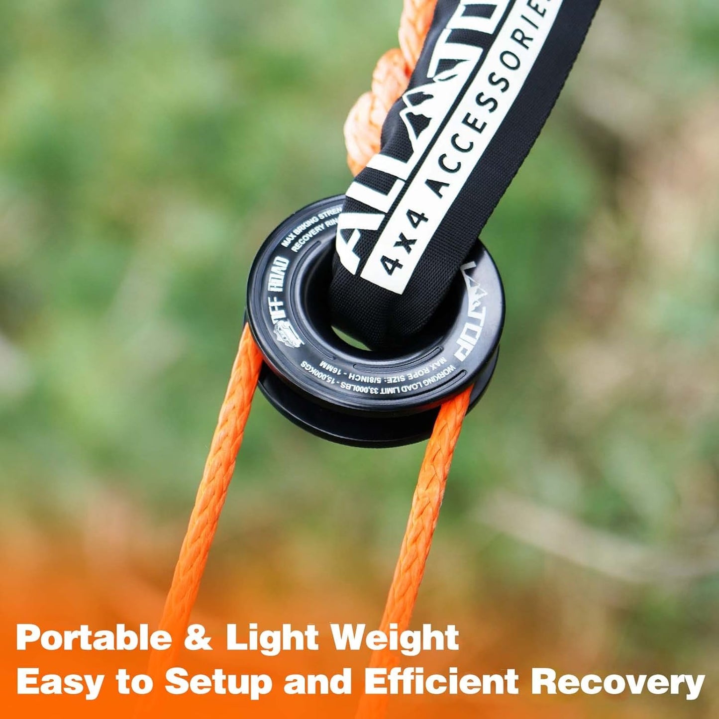 ALL-TOP Recovery Ring 66000 LBS Winch Snatch Towing Ring, Tackle Pulley System, Rope Retention Safety Strap Included, Black