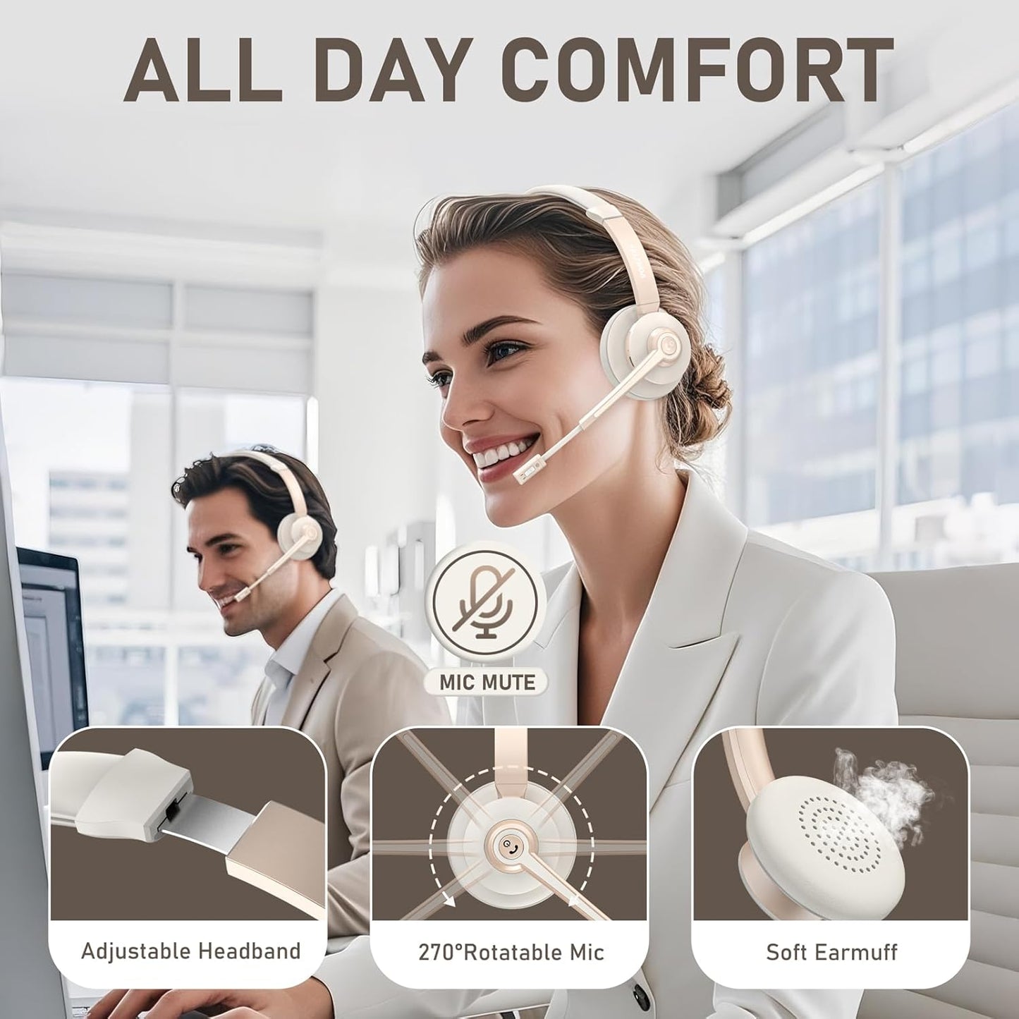 Wireless Headset, Bluetooth Headphones with Microphone Noise Canceling & USB Dongle, Singler-Ear Bluetooth Headset with Mic Mute for Cell Phone Computer Work Office Meetings Trucker Teams Skype Call