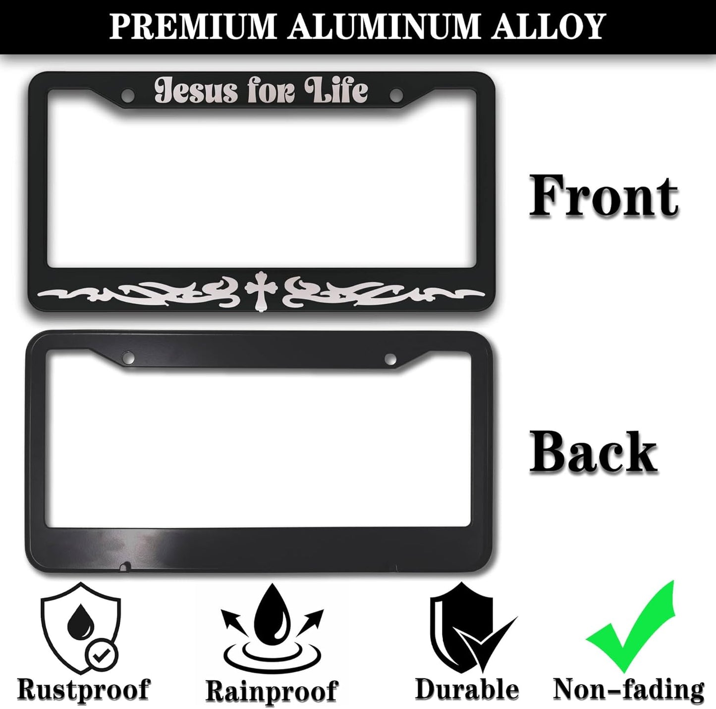 License Plate Frames Black and White Custom License Plate Frame Jesus for Life Aluminum Metal Car Accessory 2 Pack with Screw Covers Set