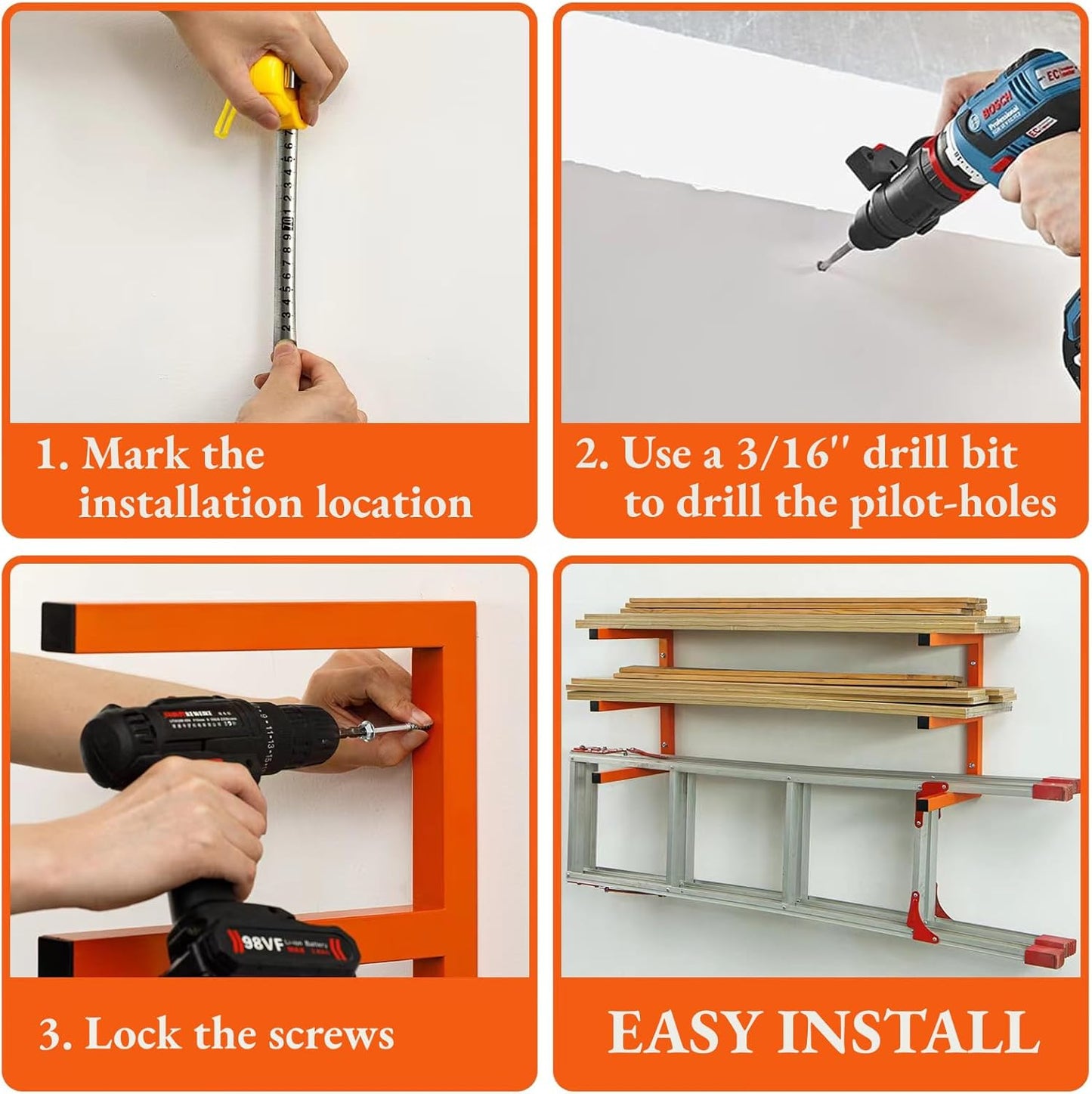 Lumber Storage Rack Wall Mount, Heavy Duty Metal Wood Organizer with 3-Level Each Shelf Holds Up 200 Lbs, Indoor & Outdoor Use