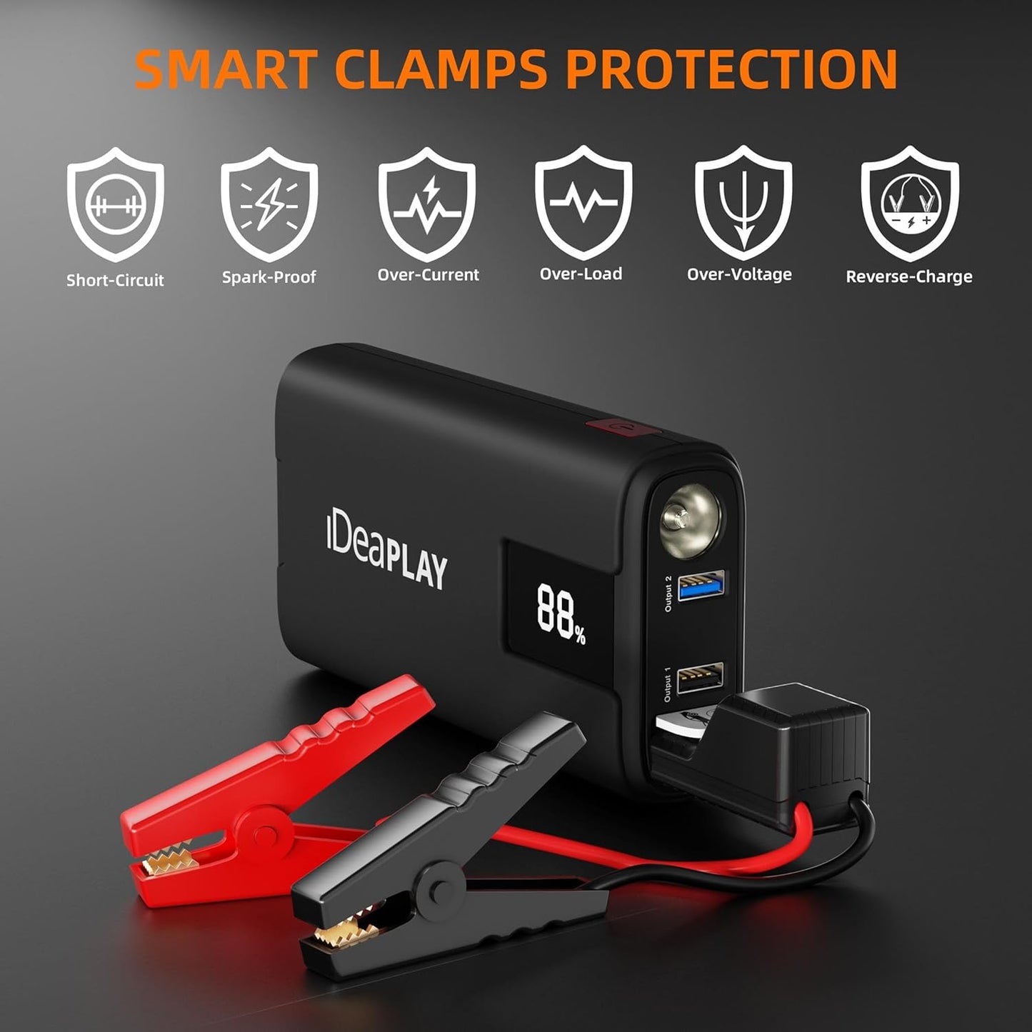 IDEAPLAY J10 Jump Starter, 2000A 12V Car Battery Jump Starter Portable for Up to 8.0L Gas and 7.0L Diesel Engine, Jump Box with Jumper Cables, Type C Fast Charging Battery Jumper with LED Flashlight