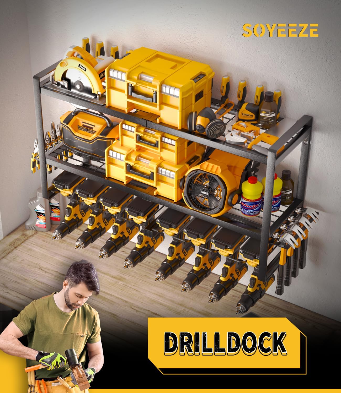 SOYEEZE Power Tool Organizer & Storage Wall Mount - Heavy Duty Metal 8 Drill Holder, 3 Layer Premium Garage Utility Power Tool Rack &Tool Shelf，Great as Gifts for Men Father's Day-Large-Black