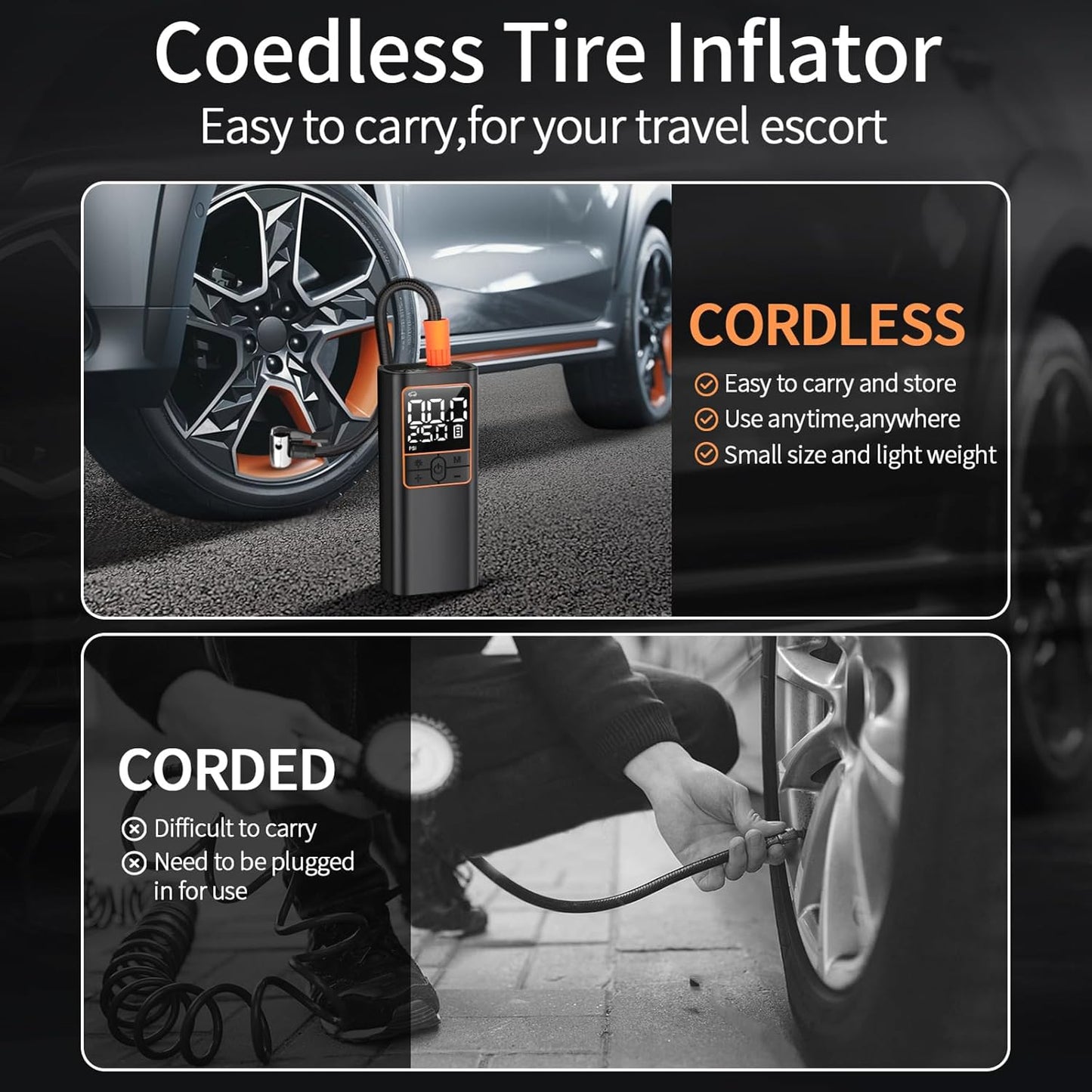 LAMONKE Tire Inflator Portable Air Compressor, 2X Faster Inflation Car Tire Pump Cordless, 150PSI Air Pump for Car Tires, Motorcycle, Bike, Ball, with Tire Gauge Pressure