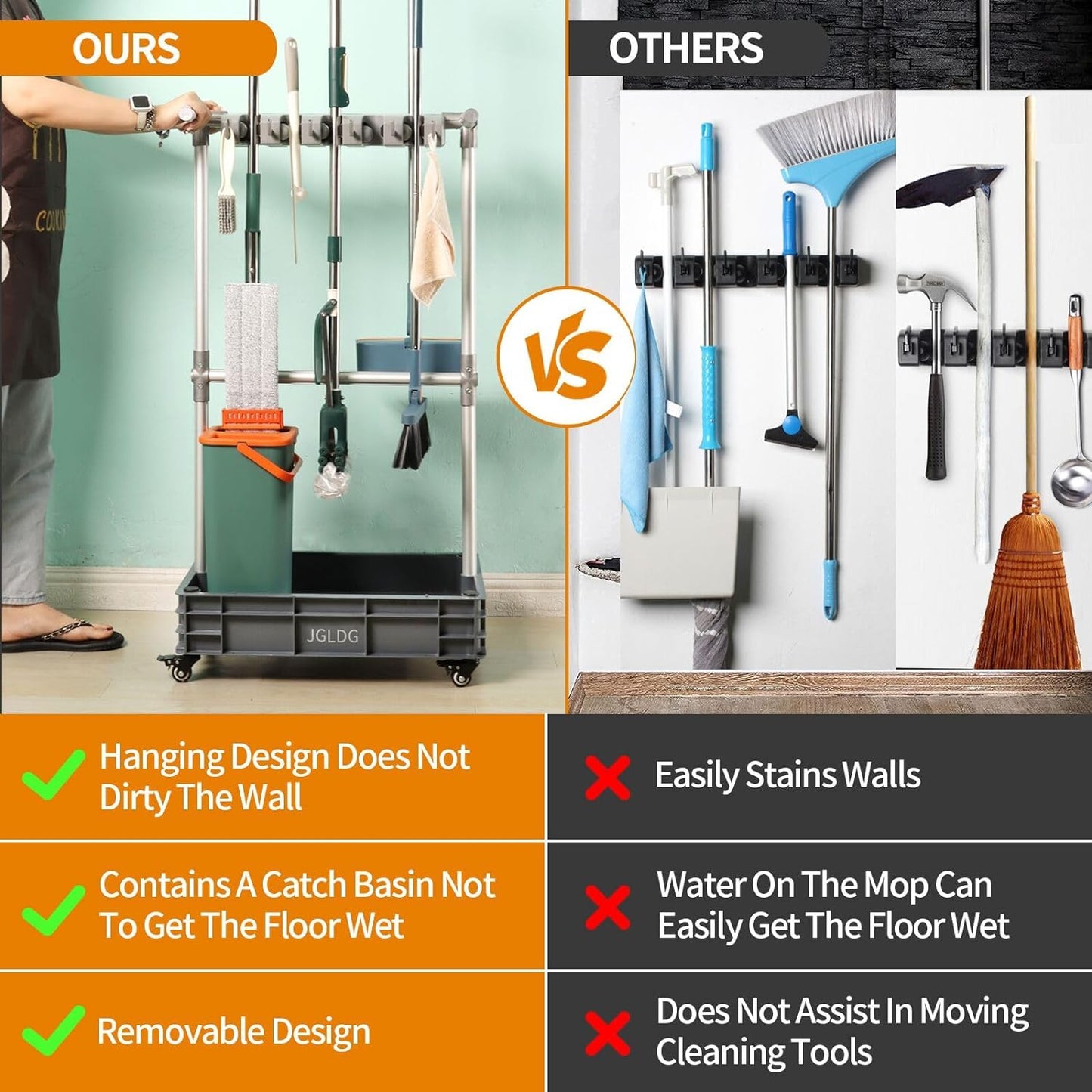 Broom mop Holder Cleaning Supplies Organizer Janitor carts on Wheels Housekeeping Station Storage Tools for Garage, Garden, Closet, Cabinet