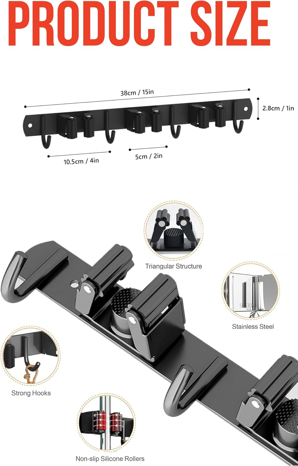 2 Pack Mop and Broom Holder Wall Mount, Upgraded Broom Hanger Wall Mount, Stainless Steel Broom Organizer for Closet Garage Laundry Room Kitchen Wall Decor Black 3R4H