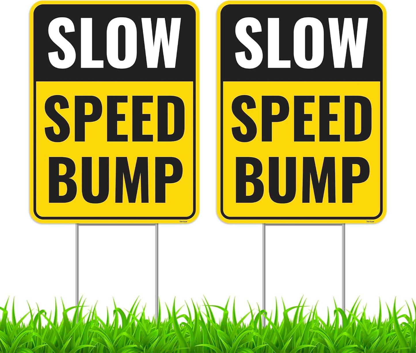 2PC Speed Bump Sign with Stakes, 17 Inches by 13 Inches - Corrugated Plastic - Caution Bump Ahead Signs