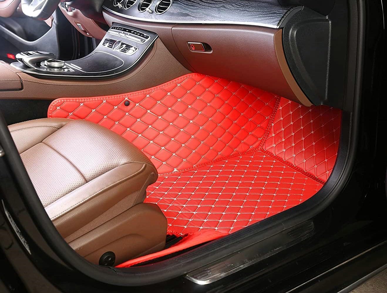 Custom Artificial Leather Waterproof All-Weather Car Floor Mats Fit for 99% Sedan SUV Sports Car Vehicle Car Mat (Black red bar)