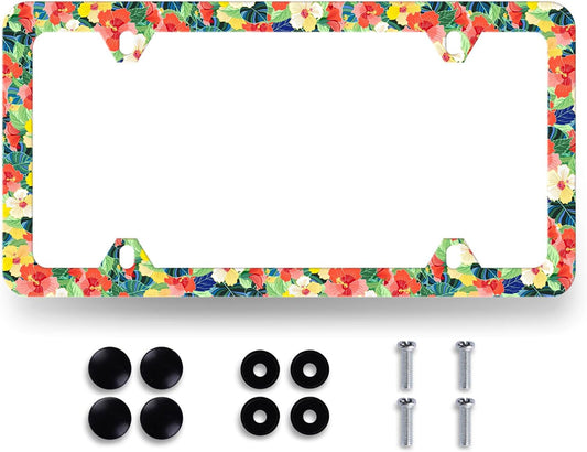 Pink Yellow Hibiscus License Plate Frame Hawaii Floral Flowers License Plate Holder Colorful License Plate for Car Decoration Stainless Steel Car Accessory with Screws Women 12.3" x 6.3"