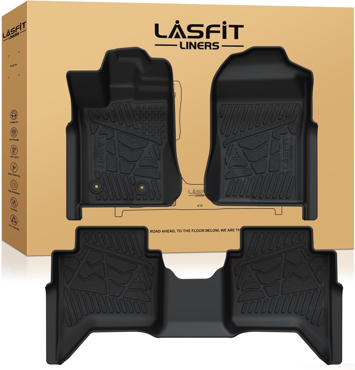 LASFIT Floor Mats for Ford Ranger 2025 2024 SuperCrew Cab All Weather Truck Protector TPE Carpeted Floor Liners, Front and Rear Row, 3pc Black