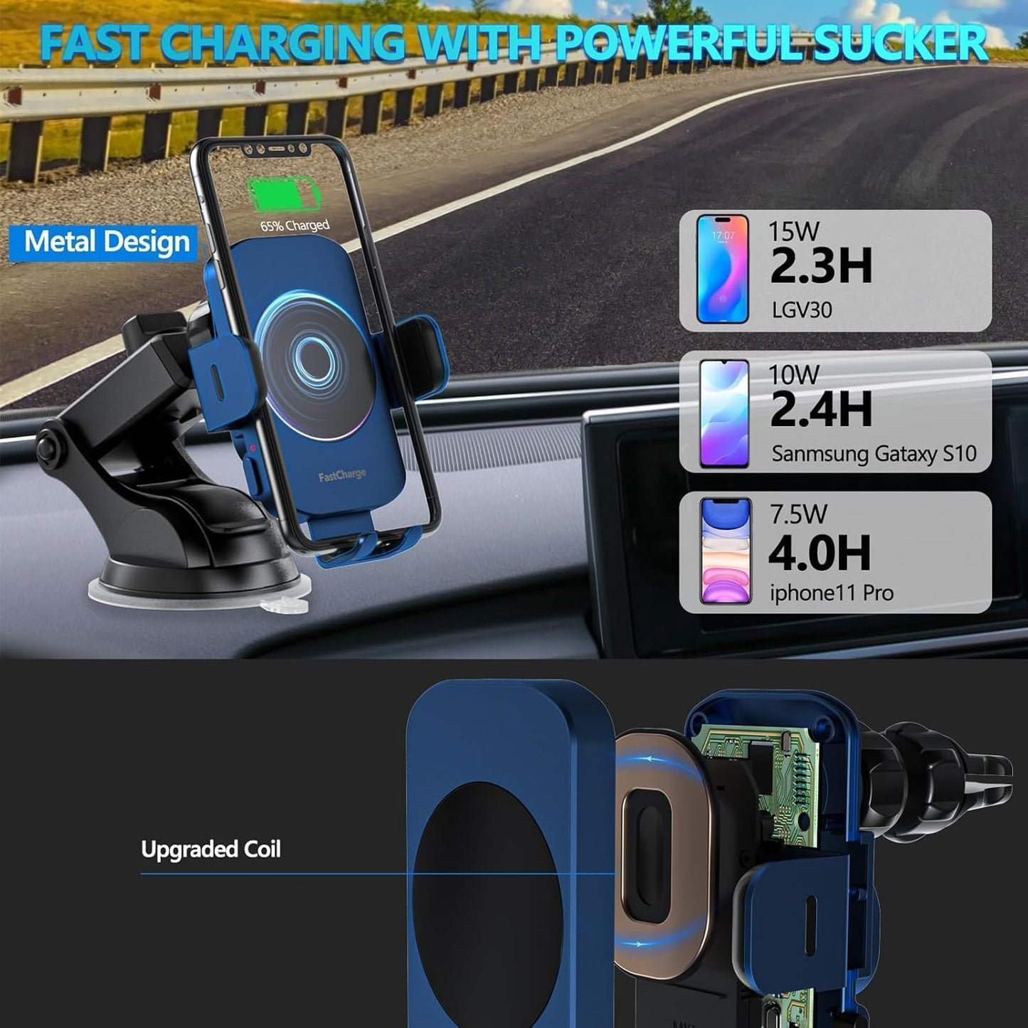 Wireless Car Charger, Fast Charging 15W Auto Clamping Car Charger Phone Holder Phone Mount for iPhone16 15 14 13 12 11 Pro Max Xs, Samsung Galaxy S23 Ultra S22 S21 S20 S10+ Note 9, etc(Blue)