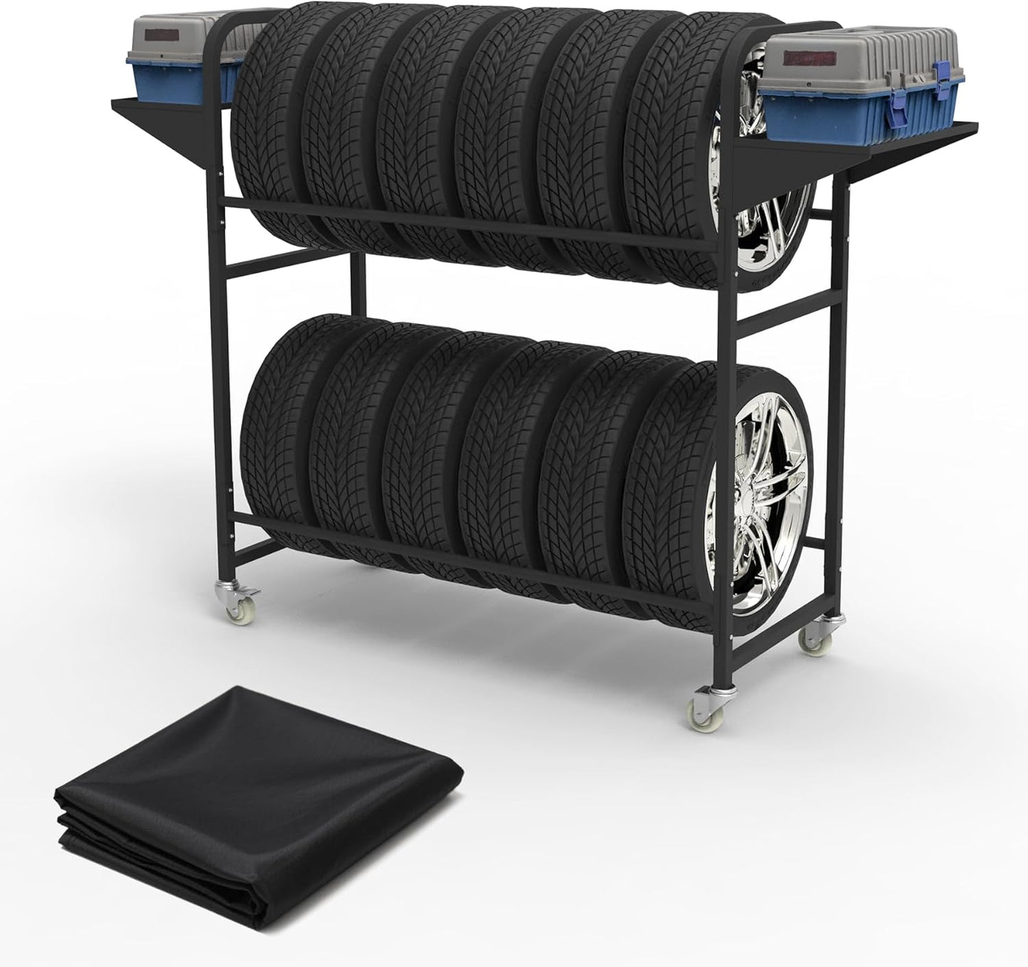 Tire Storage Rack 44" x 44" x 18" w/Anti-dust Cover, Rolling Tire Rack Adjustable, Tire Rack for Garage Black w/4 Swivel Casters & 2 Storage Shelf for Garage Storage