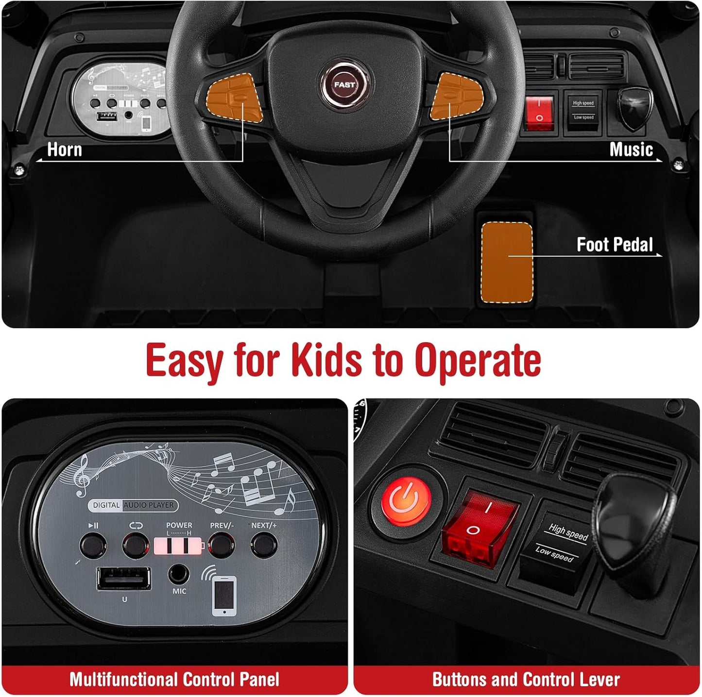 Costzon Kids UTV, 12V Battery Powered Electric Off-Road Car w/Remote Control, Sounds, Wireless Connection, 3 Speeds & 4-Wheel Suspension, Kids Ride on Truck, Gift for Boys & Girls 3+ Years Old (Black)